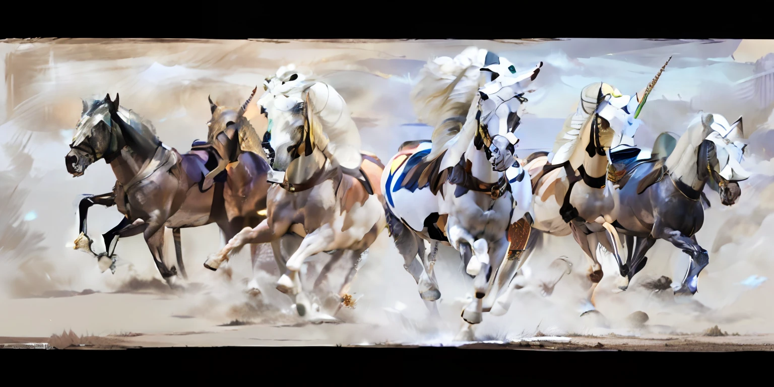 8 horses,1#cavalos,2#cavalos,3#cavalos,4#cavalos,5#cavalos,6#cavalos,7#cavalos,8#cavalos。Eight horses in the herd gathered,Gallop like a clock across the steppe。Warhorses from the high heavens and nightmares from hell become the upper and lower ends of the main color of the picture,Make the sky brighter on the steppe,The Earth is deeper。The wind wings of the wind elf horse let its position be erratic,The mechanical horse mecha is full of beauty。Unicorns show their beauty in rainbow neon lights,Next to it is the competing Ryoma。The female knight charges on her knightly warhorse,No doubt about it,She is the protagonist of this photo。There is also a horse from unknown territory mixed in,It has a creepy style and almost unimaginable chaotic colors。With Midjourney's advanced brush tools and palettes and strokes, Try different models and materials,Create a surreal look for your scene,Add complex textures and light and shadow effects to the look of all horses,Add realism and surrealism,Emphasize the strength and speed of the horse。Use Midjourney's powerful tools,You can bring this magnificent and futuristic scene to life with incredible detail and beauty。 Large wide angle,A grand spectacle,super wide shot, hdr,(真实感,Masterpiece quality,best qualtiy),