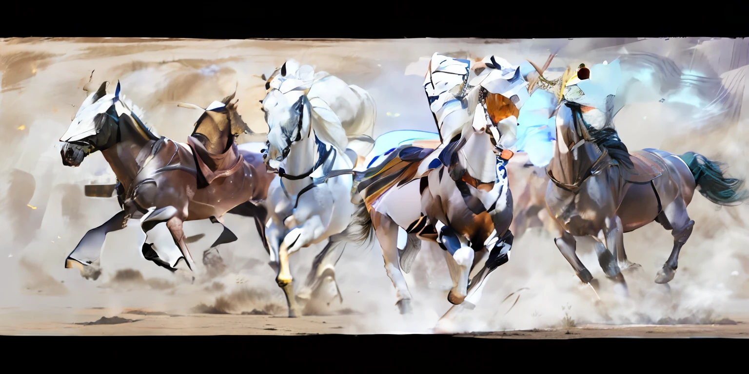 8 horses,1#cavalos,2#cavalos,3#cavalos,4#cavalos,5#cavalos,6#cavalos,7#cavalos,8#cavalos。Eight horses in the herd gathered,Gallop like a clock across the steppe。Warhorses from the high heavens and nightmares from hell become the upper and lower ends of the main color of the picture,Make the sky brighter on the steppe,The Earth is deeper。The wind wings of the wind elf horse let its position be erratic,The mechanical horse mecha is full of beauty。Unicorns show their beauty in rainbow neon lights,Next to it is the competing Ryoma。The female knight charges on her knightly warhorse,No doubt about it,She is the protagonist of this photo。There is also a horse from unknown territory mixed in,It has a creepy style and almost unimaginable chaotic colors。With Midjourney's advanced brush tools and palettes and strokes, Try different models and materials,Create a surreal look for your scene,Add complex textures and light and shadow effects to the look of all horses,Add realism and surrealism,Emphasize the strength and speed of the horse。Use Midjourney's powerful tools,You can bring this magnificent and futuristic scene to life with incredible detail and beauty。 Large wide angle,A grand spectacle,super wide shot, hdr,(真实感,Masterpiece quality,best qualtiy),
