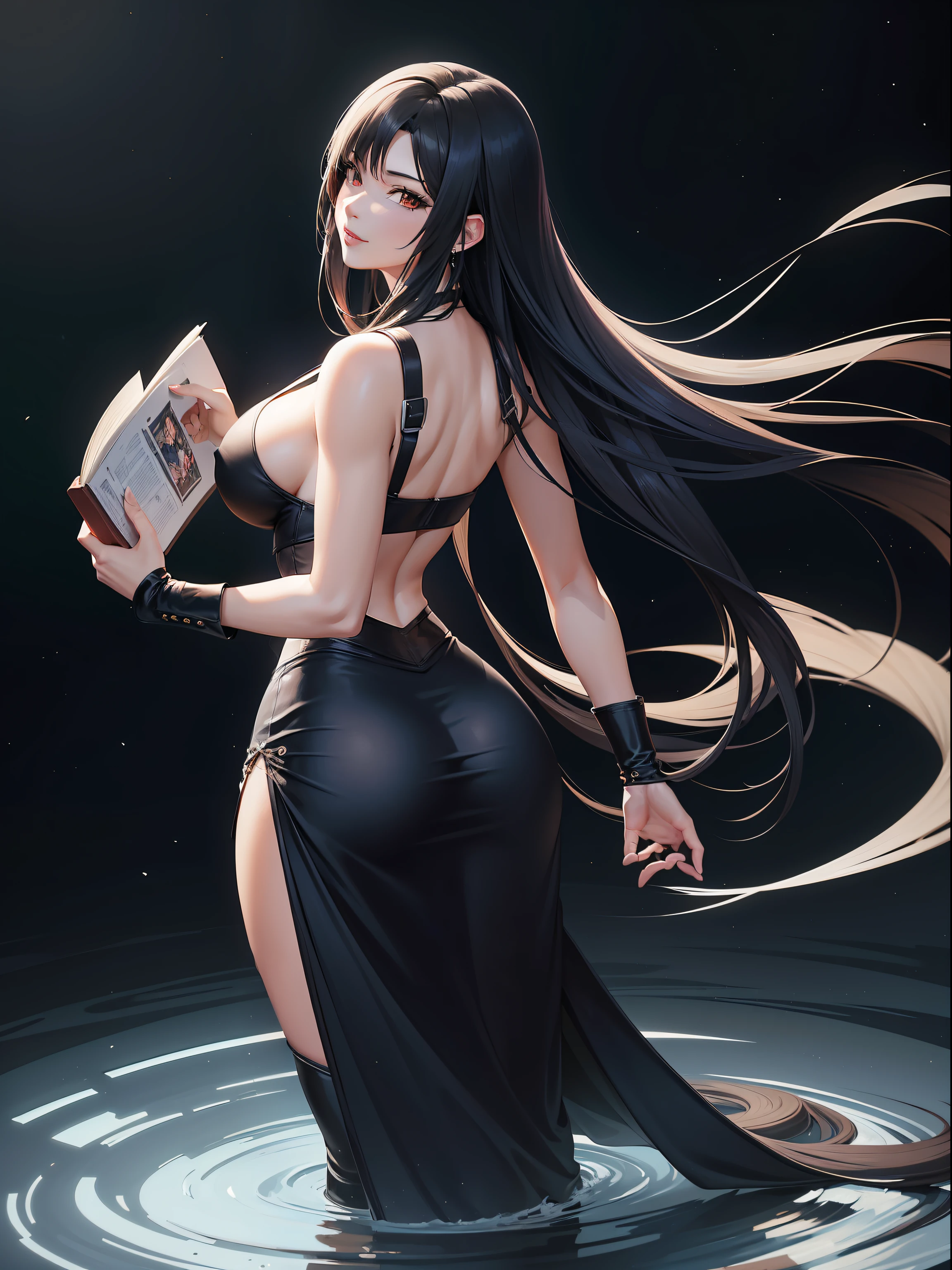 full body , anime style, stylish image of a beautiful 35-year-old woman in a detailed long skirt, black tight-fitting bare back, standing with her back to back, left hand raised at shoulder level holding a cover book black skin, smirk, extremely detailed artgerm, artgerm on Artstation pixiv, y anime girl, ig model | artgerm, artgerm. anime illustration, like artgerm, artgerm style, artgerm style, artgerm. high detail, galaxy, tifa-like face from final fantasy 7, big booater dragon magic effect, water effect, dark, very long dark blue hair, thick bangs, final fantasy tifa's hairstyle 7