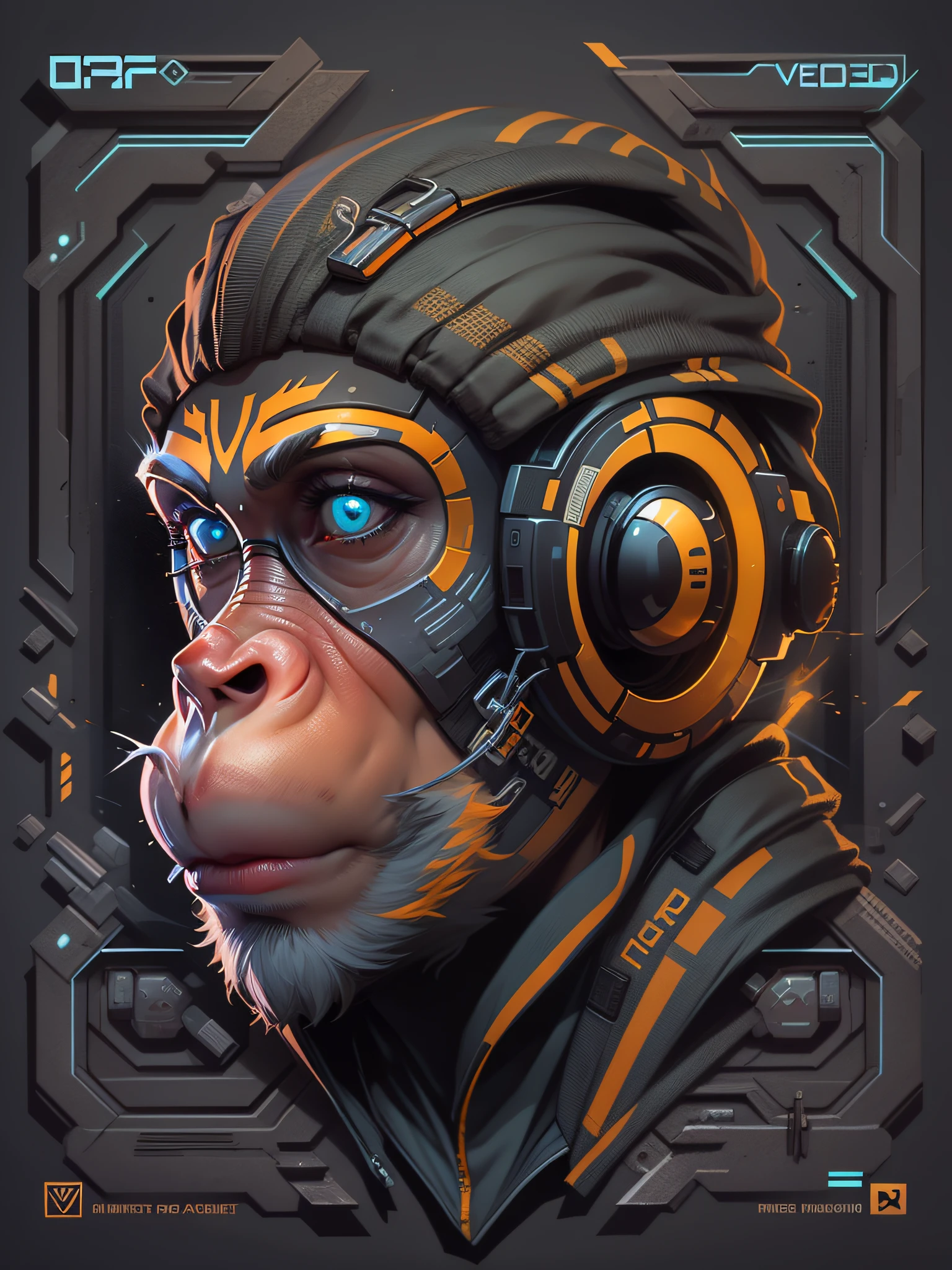 vector image, t-shirt design, isolated, black background, illustration, monkey style, futuristic, unreal 3d style image, 2d image, no background, centered image