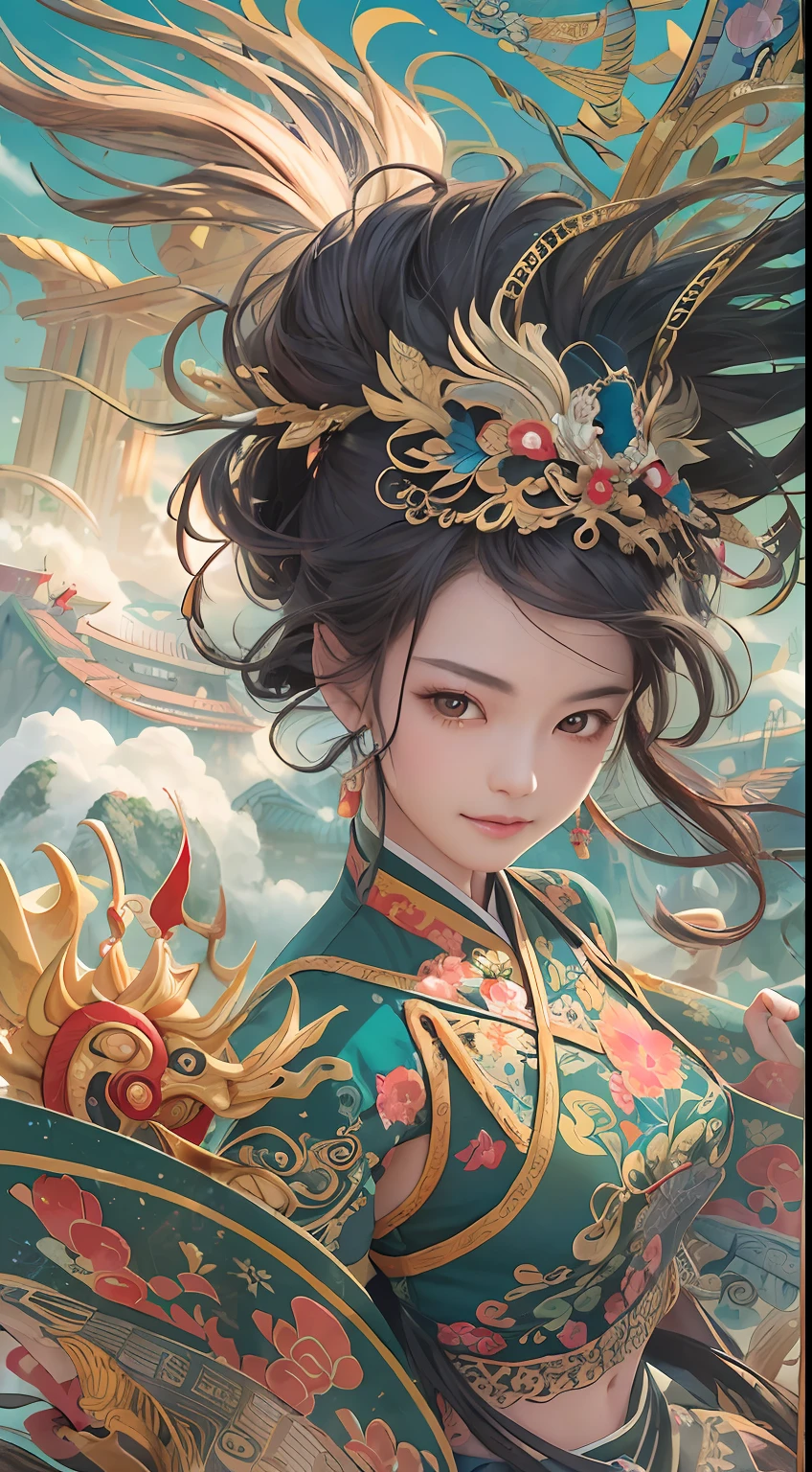 Official Art, Unified 8K Wallpapers, Ultra Detailed, Beautiful and Aesthetic, Masterpiece, Best Quality, (Zentangle, Tangle, Entangle), (fractal art: 1.4), 1girl, black hair, Chinese, bare shoulders, short skirt, calf, navel, very detailed, dynamic angle, cowboyshot, (most beautiful form chaos), flowing, (bright colors), oc, (half: 1.2), china, (thangka flying sky: 1.5), (ribbon: 1.3), (dream: 1.5), (hanfu: 1.5), Chinese dragon, Chinese phoenix, (smile: 0.5), (Chinese deity),