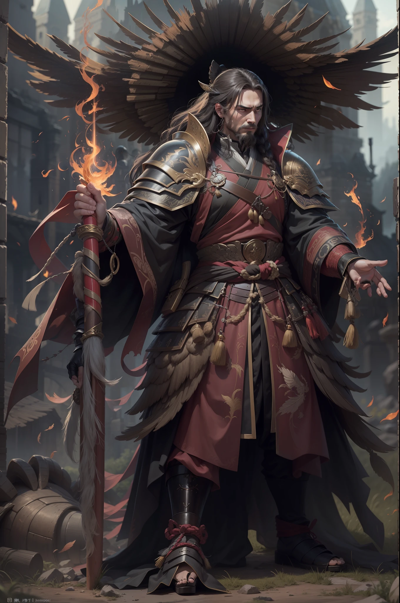 (anthropomorphic turtle),(Golden Eagle Samurai:1.4),longspear,a tall body,Stout limbs,Huge wings,There are a lot of feathers,Look at me condescendingly,disdain,despise,tosen,Fierce eyes,terroral,((closeup cleavage,facial closeups,Close-up strengthened)),The long hairs of the flame fluttered in the wind,combats,Dynamic lines,Dimly lit battlefield,Ruined castle,(stereoscopic perspective:1.4),Works of masters,super-fine,4K分辨率,high qulity,电影灯光,High picture detail,Detailed pubic hair,Epic shooting,Clearly focused hair,Detailed hair depiction,acurate