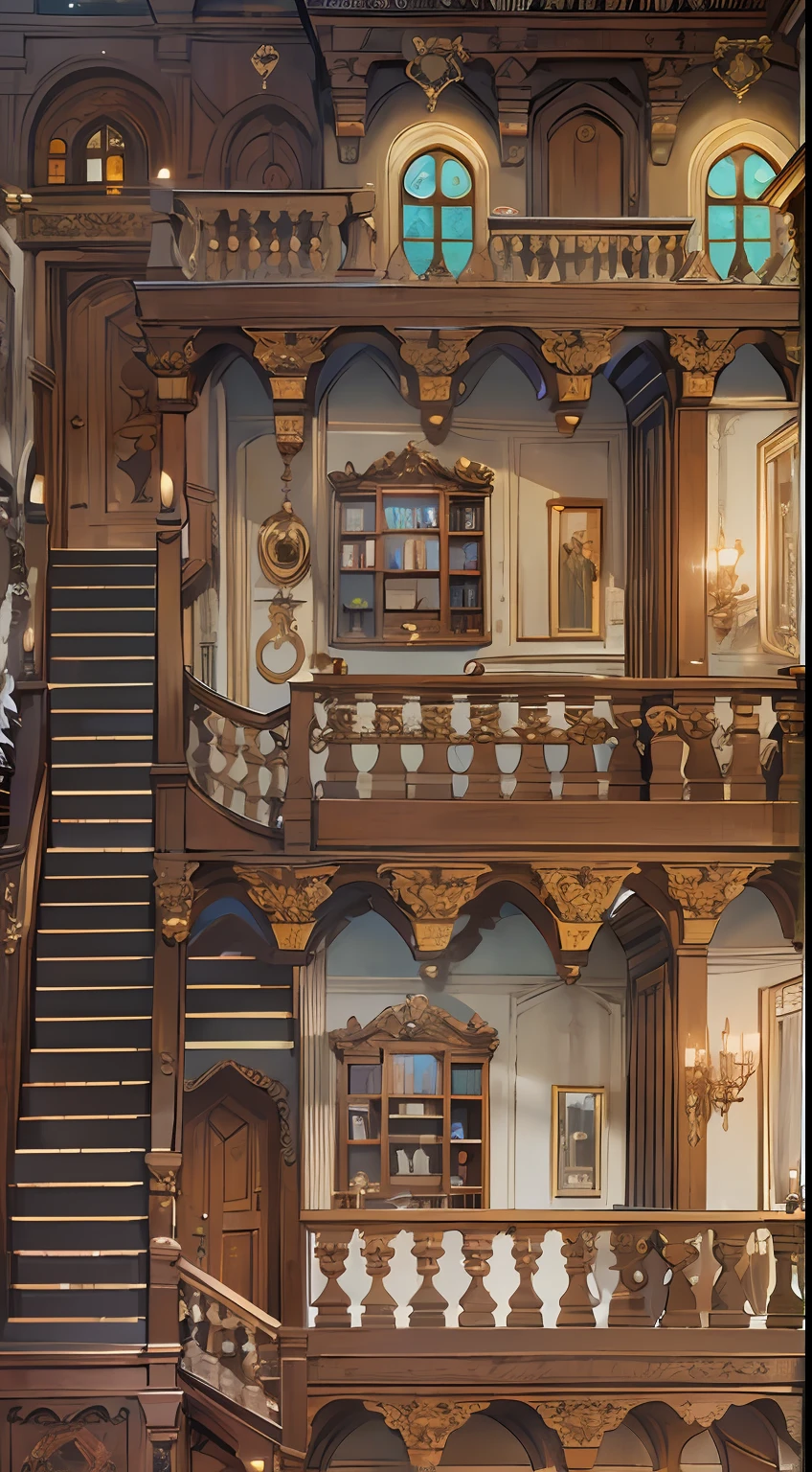 profile view(Interior of the four-story building),Brian Kessinger,cartoonish style,(dream magical,Conceptual digital art,(The is very detailed,reasonable design,Clear lines,High clarity,The best quality,tmasterpiece,4K)