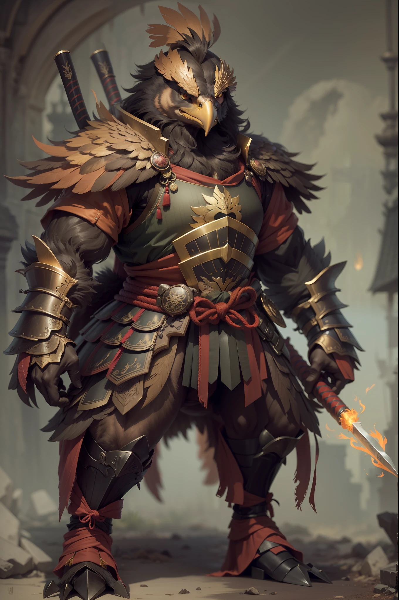 （anthropomorphic turtle），（Golden Eagle Samurai：1.4），longspear，a tall body，Stout limbs，Huge wings，There are a lot of feathers，Look at me condescendingly，disdain，despise，tosen，Fierce eyes，terroral，（（closeup cleavage，facial closeups，Close-up strengthened）），The long hairs of the flame fluttered in the wind，combats，Dynamic lines，Dimly lit battlefield，Ruined castle，（stereoscopic perspective：1.4），Works of masters，super-fine，4K分辨率，high qulity，电影灯光，High picture detail，Detailed pubic hair，Epic shooting，Clearly focused hair，Detailed hair depiction，acurate