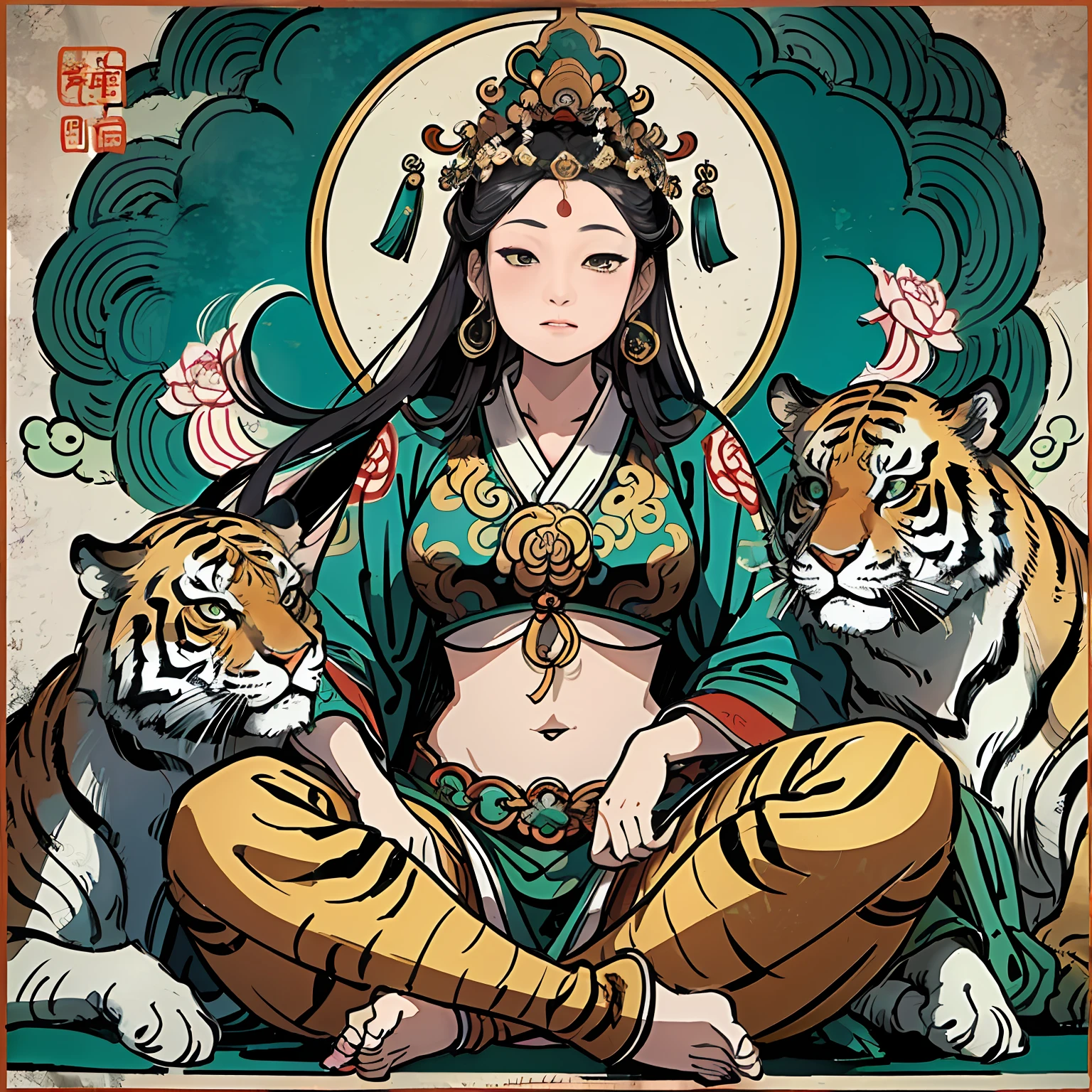 an ancient Chinese goddess, guanyin of the southern seas, Guanyin, Inspired by India, Avalokiteshvara rides a tiger,Serene expression,shui mo hua,Buddha,Buddhist,Lotus,Chinese painting style,Thangka style