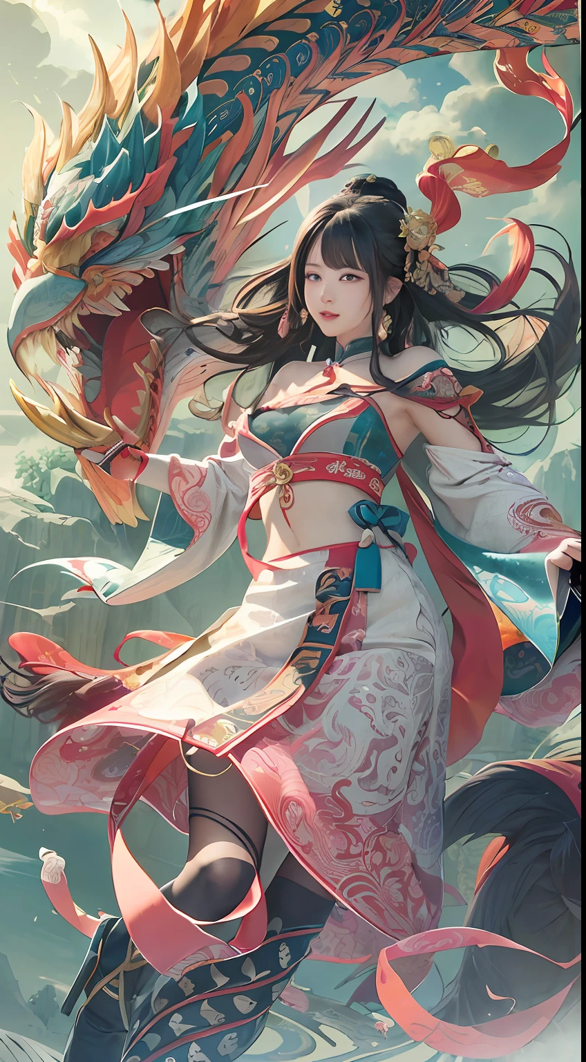 Official Art, Unified 8K Wallpapers, Ultra Detailed, Beautiful and Aesthetic, Masterpiece, Best Quality, (Zentangle, Tangle, Entangle), (fractal art: 1.4), 1girl, black hair, Chinese, bare shoulders, short skirt, calf, navel, very detailed, dynamic angle, cowboyshot, (most beautiful form chaos), flowing, (bright colors), oc, (half: 1.2), china, (thangka flying sky: 1.5), (ribbon: 1.3), (dream: 1.5), (hanfu: 1.5), Chinese dragon, Chinese phoenix, (smile: 0.5), (Chinese deity),