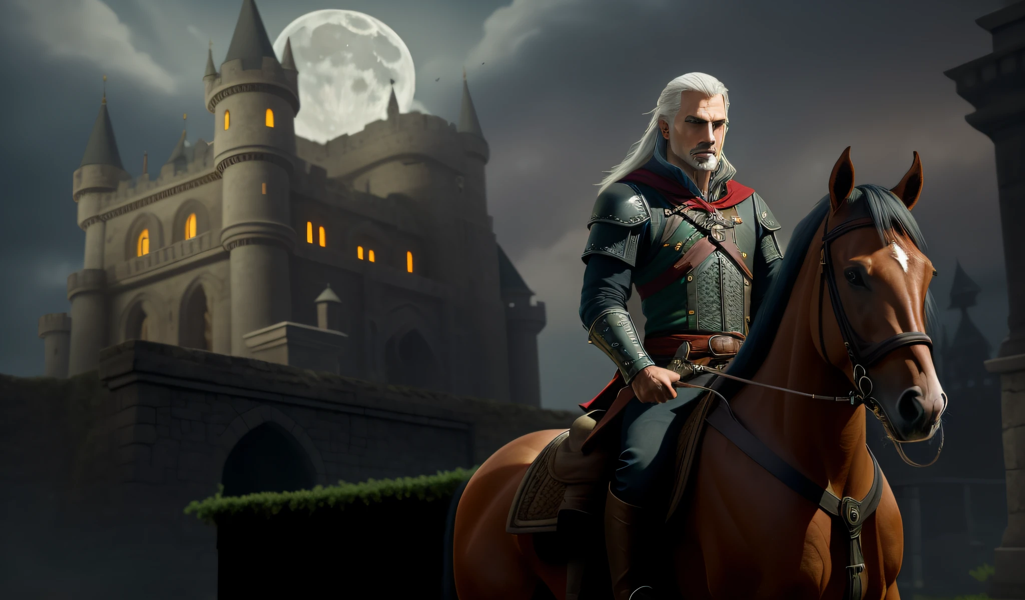 There's a  man at night, flowing hair on a horse in a cemetery in front of a haunted castle with a huge full moon (noite aterradora de lua cheia), Lush moon behind charged black clouds, dark clouds in the sky and castle worthy of Count Dracula, Clima sombrio, gloomy, Mystery in the air,  3D render e tinta escura, Ultra realista, inspirado em Andor Basch, Crisp matte paint, arte do jogo tinta escura, tinta escura", tinta escura", tinta escura, majestosa tinta escura, 2 d cg | | | | |, arte de fundo, tinta escura requintada, Witcher)), Mario como The Witcher, foto de retrato de tinta escura