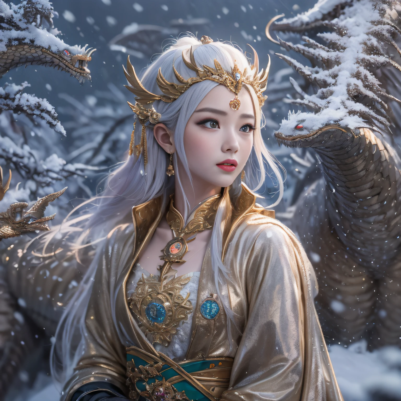 16k（tmasterpiece，k hd，hyper HD，16k）short detailed hair，Vintage train sleeper area，Snow Circle Girl ，Two Golden Dragon Protectors （realisticlying：1.4），Python robe，Purple-pink tiara，Snowflakes fluttering，The background is pure， A high resolution， the detail， RAW photogr， Sharp Re， Nikon D850 Film Stock Photo by Jefferies Lee 4 Kodak Portra 400 Camera F1.6 shots, Rich colors, ultra-realistic vivid textures, Dramatic lighting, Unreal Engine Art Station Trend, cinestir 800，