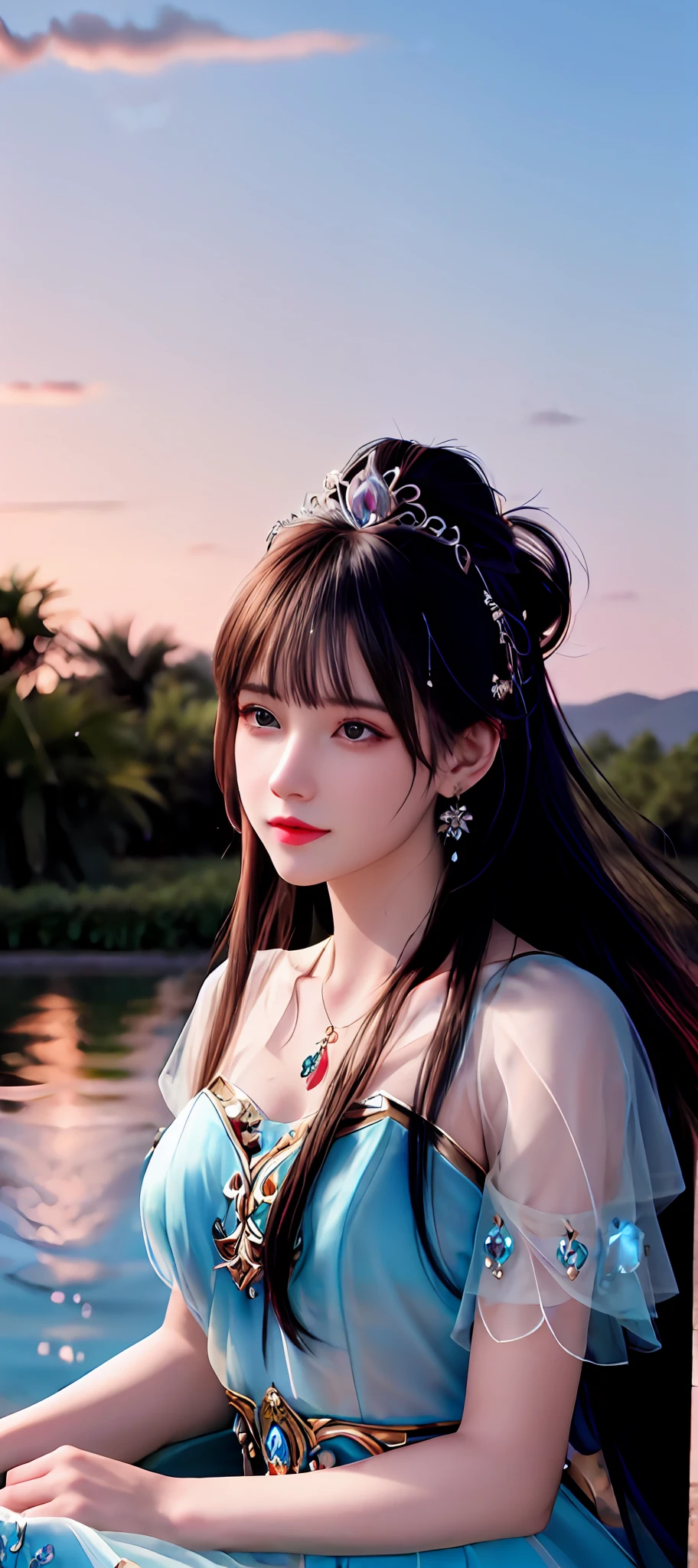 realisticity: 1.2), best quality, masterpiece, highres, super detail, ultra detail, cg, 1girl, queen, sword, long hair, dress, diamond dress, water, solo, jewelry, yellow dress, wearing a very beautiful dress, there are lots of diamonds on her dress which is very beautiful,

wearing a very beautiful crown, earrings, hair ornament, splashing, upper body super realistis, hair bun, blue and pink hair, sitting on a magnificent and beautiful royal throne backgraun super realistis and super detai, ultra detail, lighting,candid, Photograph, high resolution, 8k, 10k, Bokeh,