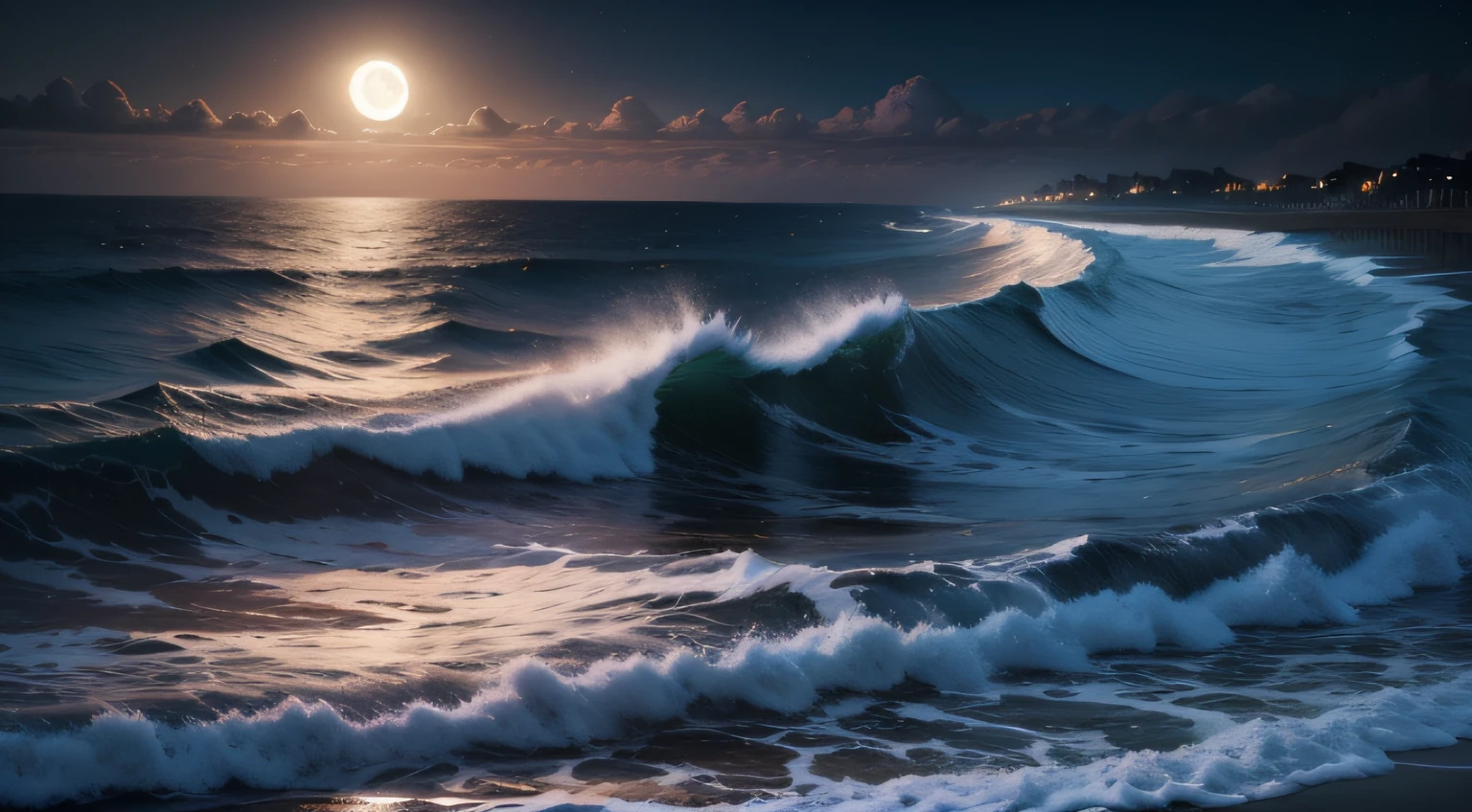deep in the night,Moonlight shines on the sea,Sparkling,The sea is endless