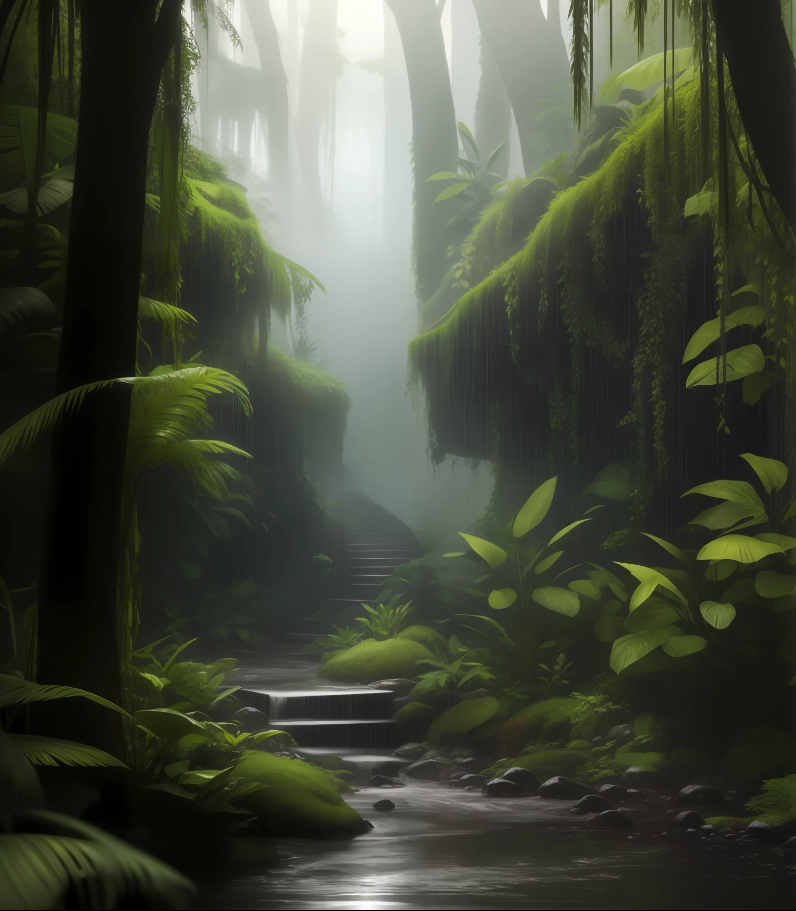 A jungle, with intense rainfall, monochromatic, vines all around, giant and wet trees, masterpiece, best quality, high quality, extremely detailed CG unity 8k wallpaper, oil paiting, award winning photography, Bokeh, Depth of Field, HDR, bloom, Chromatic Aberration ,Photorealistic,extremely detailed, trending on artstation, trending on CGsociety, Intricate, High Detail, dramatic, art by midjourney, volumetric lighting