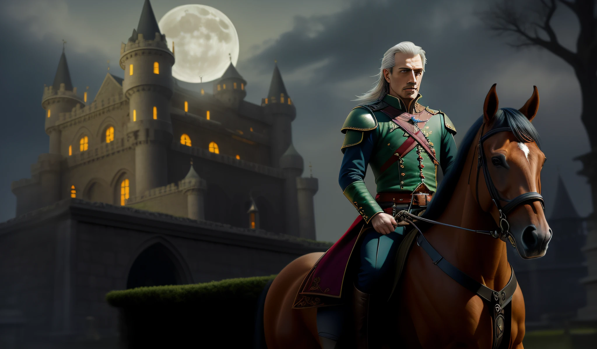 There's a mature man at night, flowing hair on a horse in a cemetery in front of a haunted castle with a huge full moon (noite aterradora de lua cheia), Lush moon behind charged black clouds, dark clouds in the sky and castle worthy of Count Dracula, Clima sombrio, gloomy, Mystery in the air, 3D render e pintura fosca, Twilight ; pintura digital, arte de fundo, foto de retrato de pintura fosca, Fantasia sombria misturada com realismo, arte digital de fantasia sombria, Arte digital detalhada em 4k, Arte digital altamente detalhada em 4k