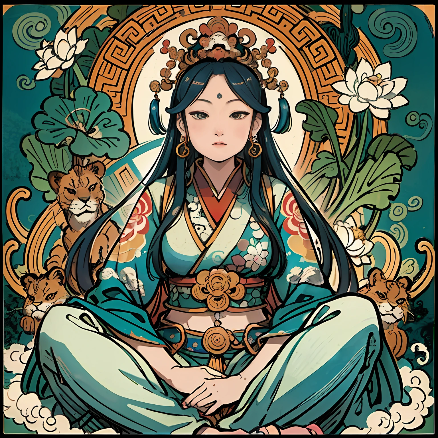 an ancient Chinese goddess, guanyin of the southern seas, Guanyin, Inspired by India, Avalokiteshvara rides a lion,,Serene expression,shui mo hua,Buddha,Buddhist,Lotus,Chinese painting style,Thangka style