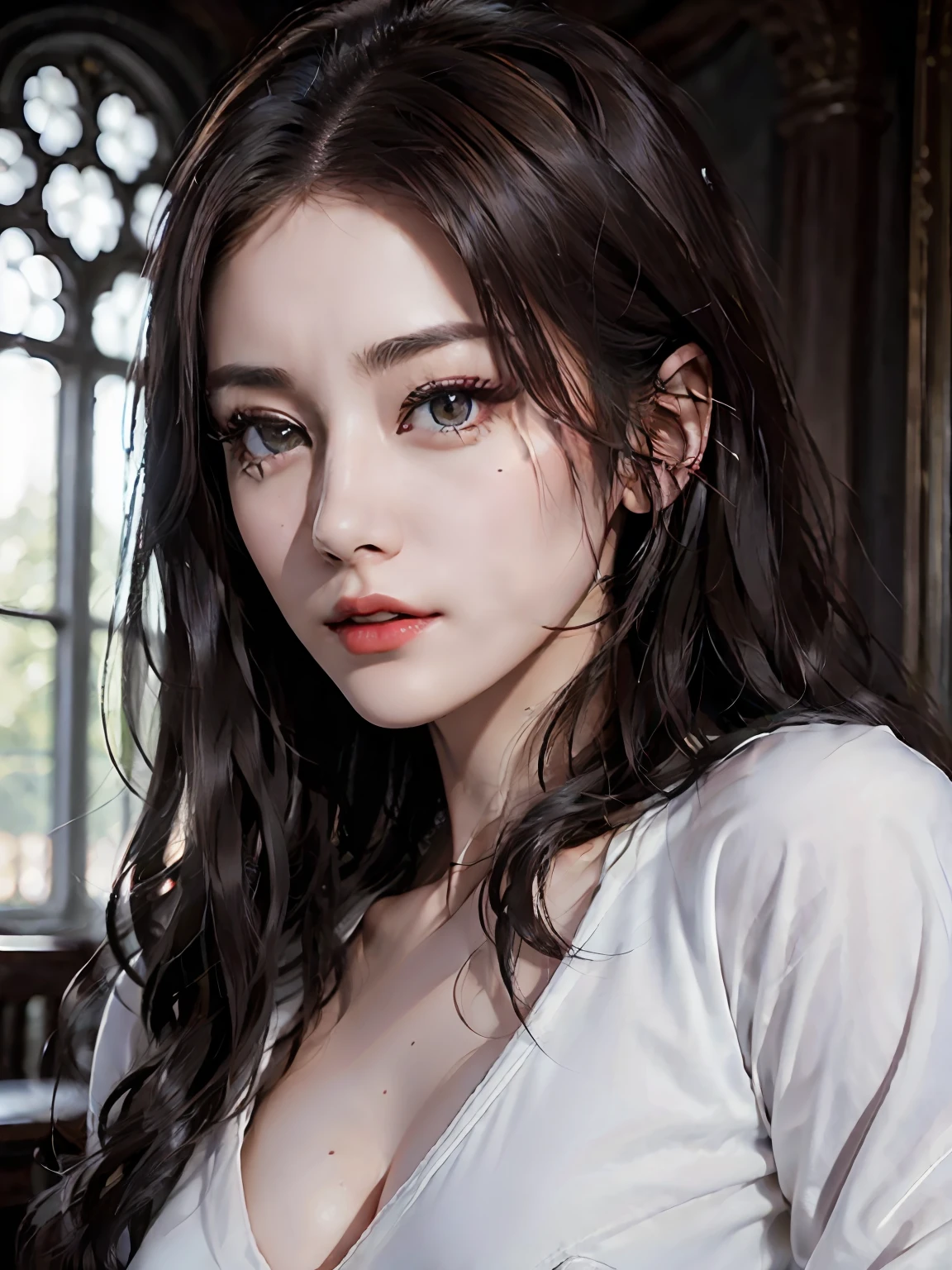 (​masterpiece、high-level image quality、Authentic Photos)、1girl in、beautiful countenance、big eye、Thin makeup、natural mole、The shirt、coat、Ready Like、slight abs、breezing、blured background、depth of fields、Central symmetry、in a house