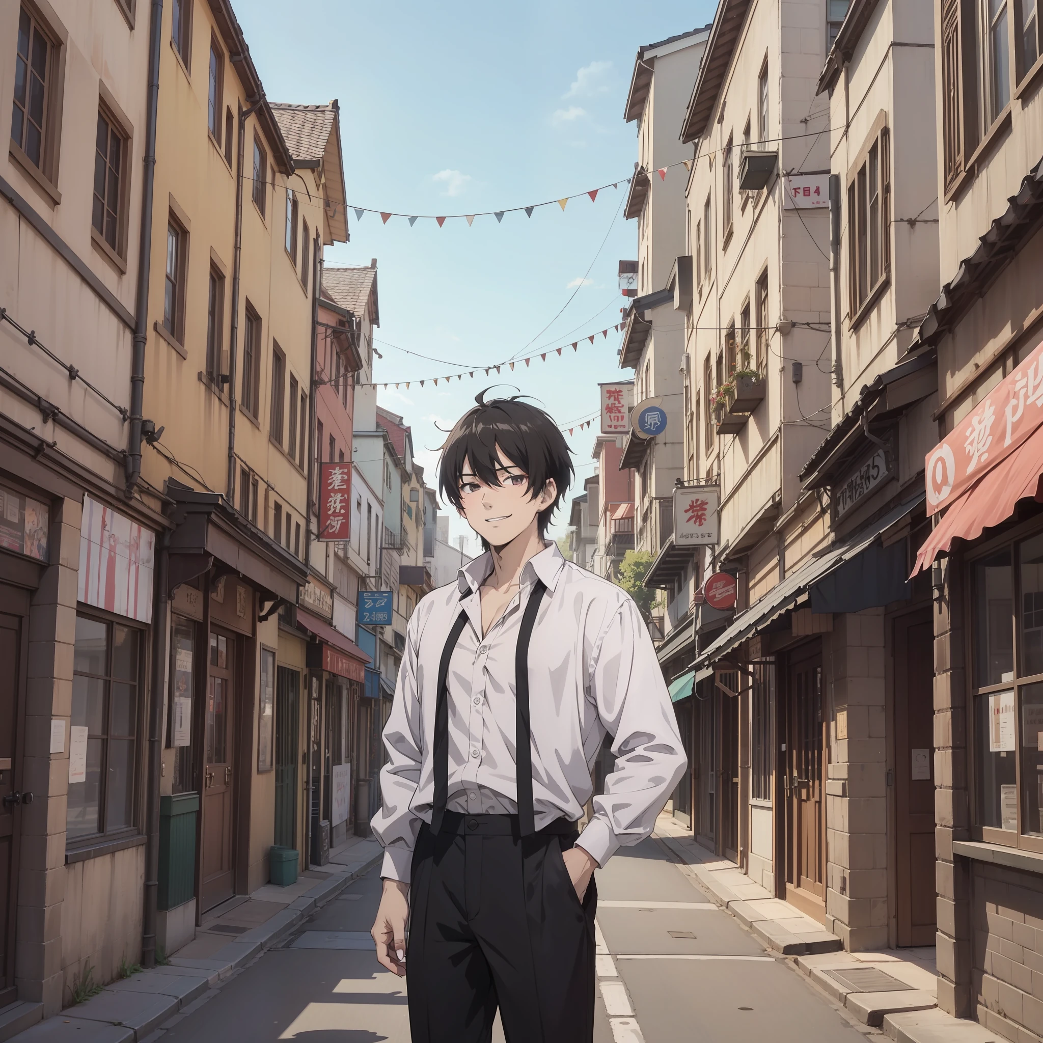 One wearing a white shirt，A middle-aged man with short black hair about 30 years old standing on the side of the town street（Smile emoticon 1.5）（Open mouth 1.5）（The background is the street side of the town1.5）style of anime4 K，Anime rendering，style of anime。8K，Handsome anime face（Upper body display 1.5）（The vicissitudes of man 1.3）（Cinematic lighting 1.5）（Master masterpieces：1.4）（Ultra-high detail1.5）（Best quality1.5