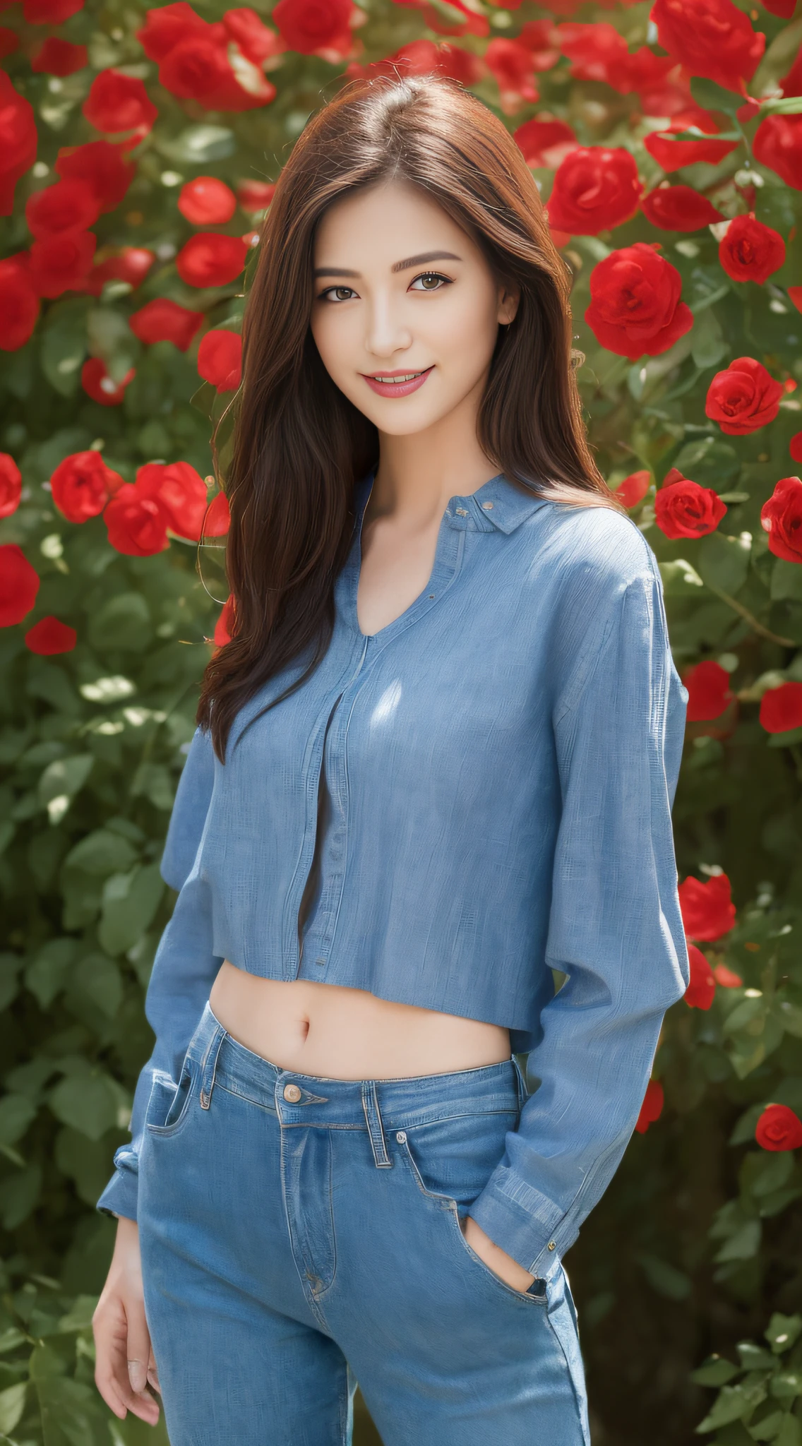 ((top-quality、8K、masterpiece:1.3))、sharp:1.2、Perfect Body Beauty:1.4、Slim abs:1.2、Big、Beautiful face、A smile、((businesswoman、Casual clothing:1.3))、(Red rose garden background:1.2)、Straight hair、Highly detailed facial and skin texture、A detailed eye、Aspect of looking at the camera、portlate