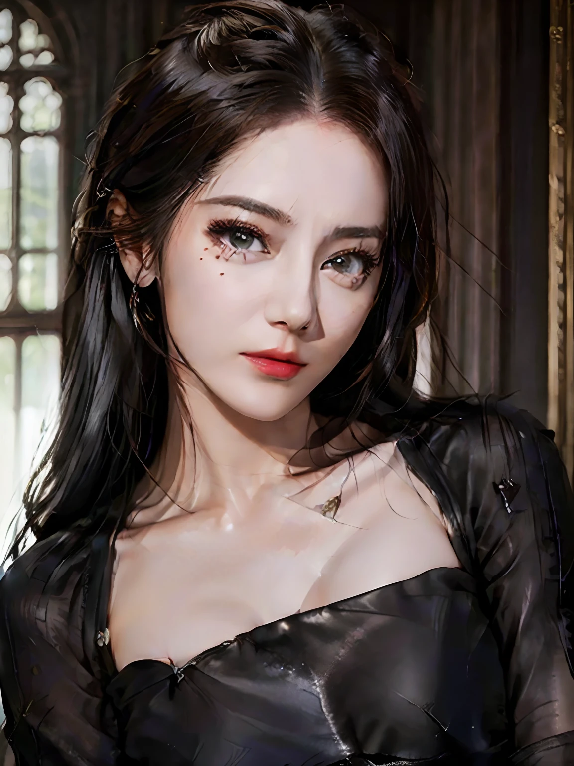 (masterpiece、high-level image quality、Authentic Photos)、1girl in、beautiful countenance、big eye、Thin makeup、natural mole、The shirt、coat、Ready Like、slight abs、breezing、blured background、depth of fields、Central symmetry、in a house