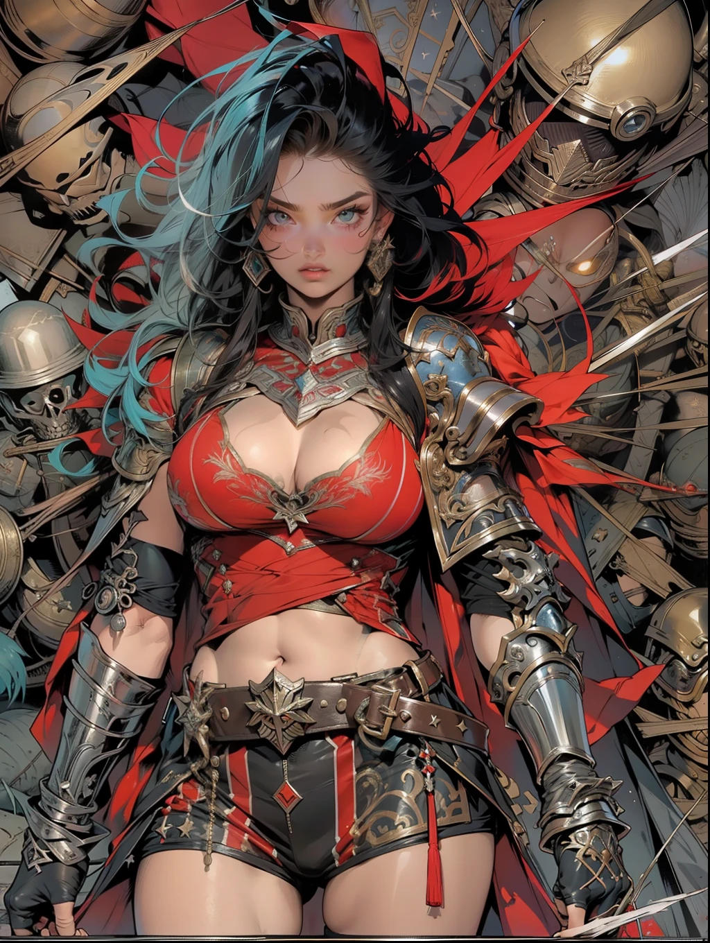 (((mulher))), (((melhor qualidade))), (((obra prima))), (((adulta))), Uma guerreira mulher de 35 anos com corpo perfeito, She-Lobo, (( under boobs )), quase nua no estilo selvagem urbano de Simon Bisley para a capa da revista Heavy Metal, cabelo loiro, Minimum clothing, armadura (vermelho escuro com estrelas brancas), cheio de pontas e rebites manchadas de tinta, tatuagem de estrelas de 5 pontas, (((corpo inteiro))), cabelo preto curto com franja branca cobrindo a testa