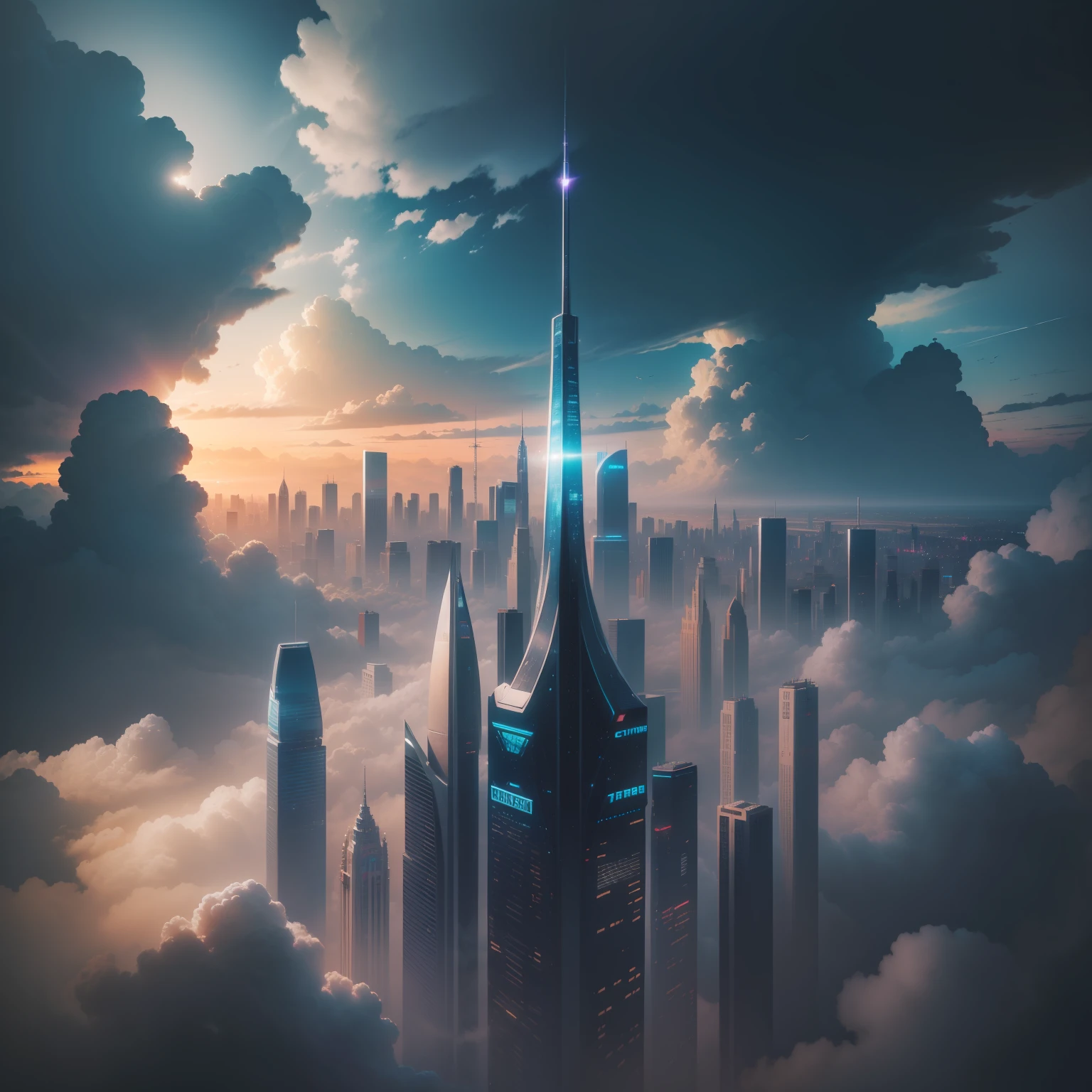 An ultra-high picture quality、top-quality、city of the future、cyberpunked、vibrant light、Skyscrapers、In the clouds、Cosmic view、SF World、