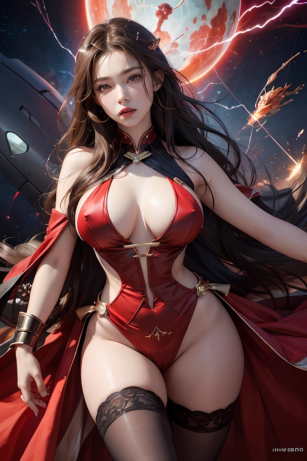 Beautiful Valkyrie,(best qualtiy,hyper HD, Masterpiece, 16k),Goose egg face,largeeyes,long eyelasher,There are precious stones on the forehead,Exquisite(live-action realistic style),Star-like eyes,Ultimate face,Photorealistic light and shadow,Clear facial features,Milky white skin,Fair skin, highdetailskin,Realistic skin details,Visible Pore,(Super detail),Petite body,Carmelto, full bodyesbian,She wears long loose black hair and reaches her waist,(hair flowing),Wear a transparent silk cardigan dress,(Super detail),Beautifully decorated,((dynamicposes),Legs slightly open),Be red in the face,((Dynamic background((Red lightning)),Fantasy space,Luxurious space,NSFW:1.07