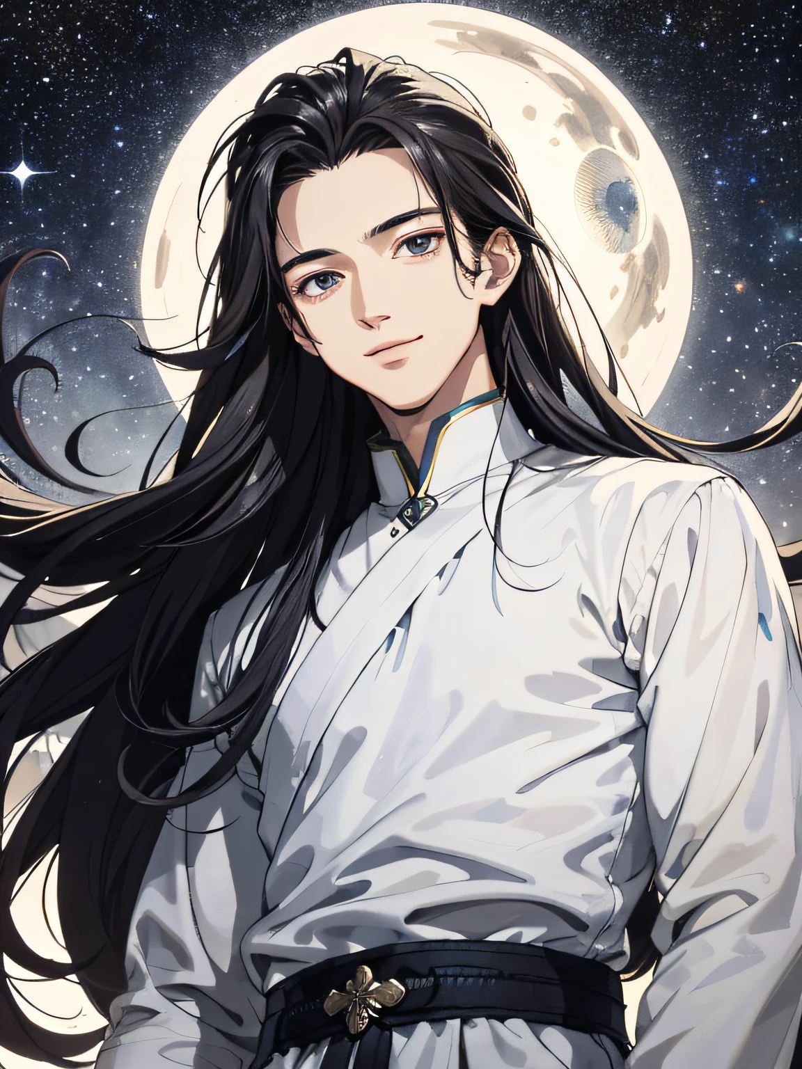 Absurd, High Definition, super detailed, texture details, clear presentation, HD details, detail performance, Fine details, Clear face, accurate restoration, ((cabelos preto e longos))、length hair、18-year-old man, Handsome, Smile、bangss、slightly muscular,(clear eyeballs), Shining eyes、Star Eye、(Expressive eyes)、(1 person: 1.3), handdraw, Simple lines, (18-year-old man in white han dress), The upper part of the body、crescent、nigh sky