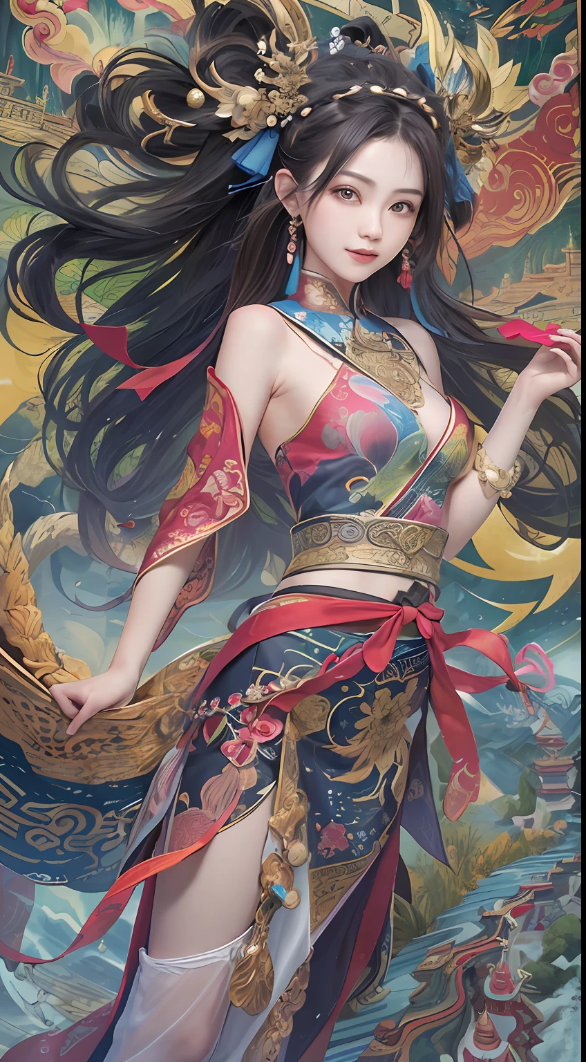 Official Art, Unified 8K Wallpapers, Ultra Detailed, Beautiful and Aesthetic, Masterpiece, Best Quality, (Zentangle, Tangle, Entangle), (fractal art: 1.4), 1girl, black hair, Chinese, bare shoulders, short skirt, calf, navel, very detailed, dynamic angle, cowboyshot, (most beautiful form chaos), flowing, (bright colors), oc, (half: 1.2), china, (thangka flying sky: 1.5), (ribbon: 1.3), (dream: 1.5), (hanfu: 1.5), Chinese dragon, Chinese phoenix, (smile: 0.5), (Chinese deity),