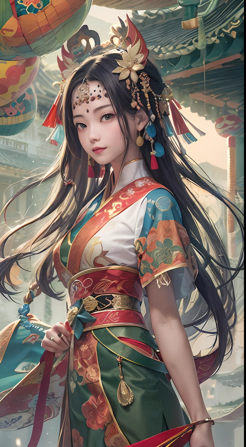 Official Art, Unified 8K Wallpapers, Ultra Detailed, Beautiful and Aesthetic, Masterpiece, Best Quality, (Zentangle, Tangle, Entangle), (fractal art: 1.4), 1girl, black hair, Chinese, bare shoulders, short skirt, calf, navel, very detailed, dynamic angle, cowboyshot, (most beautiful form chaos), flowing, (bright colors), oc, (half: 1.2), china, (thangka flying sky: 1.5), (ribbon: 1.3), (dream: 1.5), (hanfu: 1.5), Chinese dragon, Chinese phoenix, (smile: 0.5), (Chinese deity),