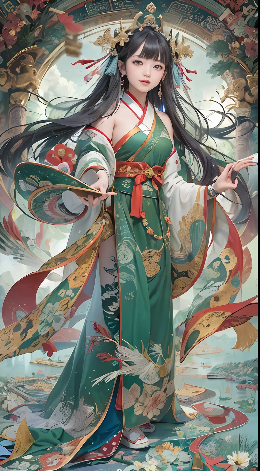 Official Art, Unified 8K Wallpapers, Ultra Detailed, Beautiful and Aesthetic, Masterpiece, Best Quality, (Zentangle, Tangle, Entangle), (fractal art: 1.4), 1girl, black hair, Chinese, bare shoulders, short skirt, calf, navel, very detailed, dynamic angle, cowboyshot, (most beautiful form chaos), flowing, (bright colors), oc, (half: 1.2), china, (thangka flying sky: 1.5), (ribbon: 1.3), (dream: 1.5), (hanfu: 1.5), Chinese dragon, Chinese phoenix, (smile: 0.5), (Chinese deity),