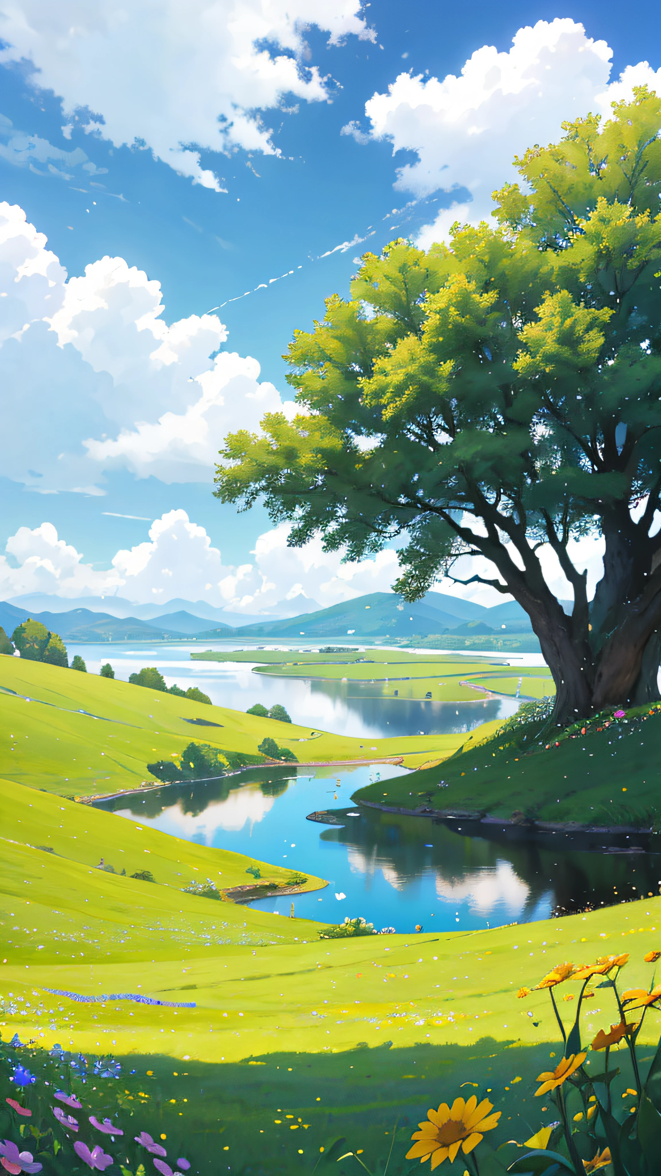 Summer, meadows, a few small flowers, clear lakes, sheep, heaven, large clouds, blue sky, hot weather, HD detail, hyper-detail, cinematic, surrealism, soft light, deep field focus bokeh, distant vistas are snowy mountains, ray tracing, and surrealism. --v6