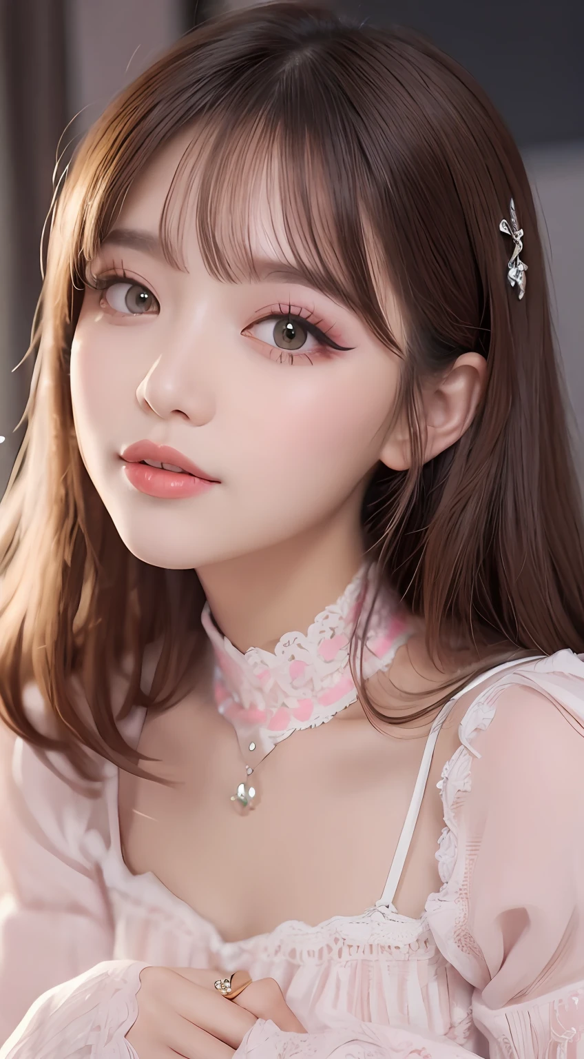 Girly makeup, permed long hair, puff-sleeved dress