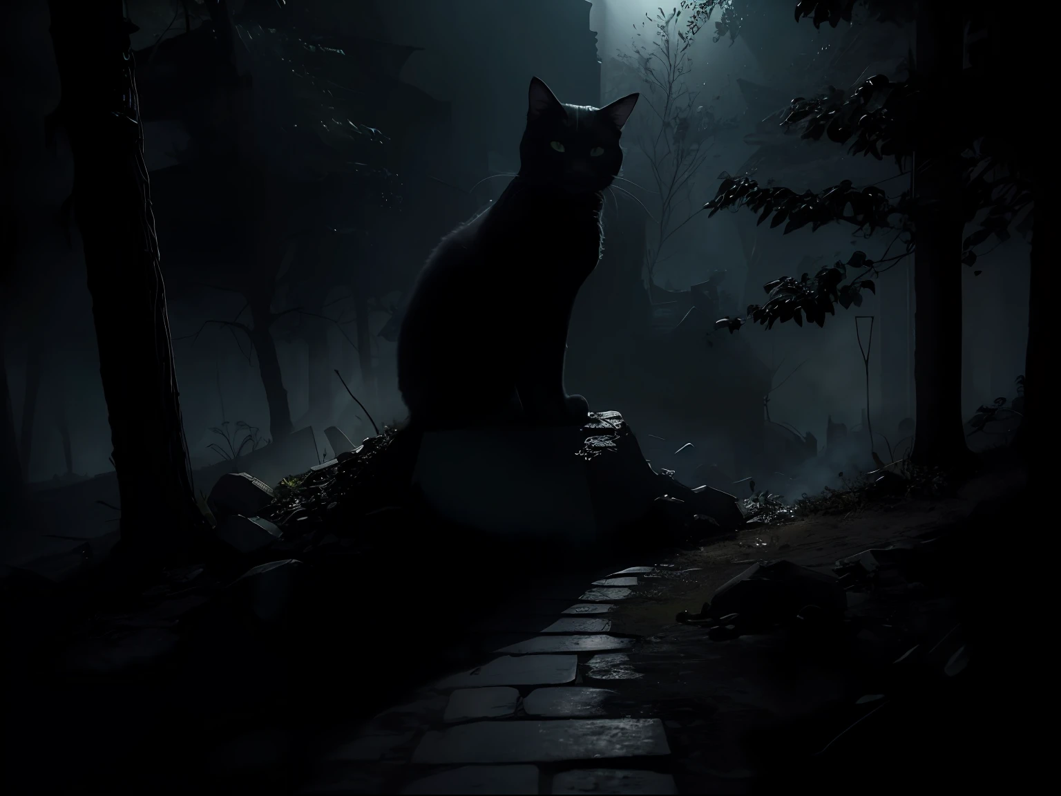 um gato preto sombrio em cima de caveiras e restos humanos em um cemiterio obscuro a noite a luz do luar, gothic horror vibes, arte de fantasia de terror, cores mortas