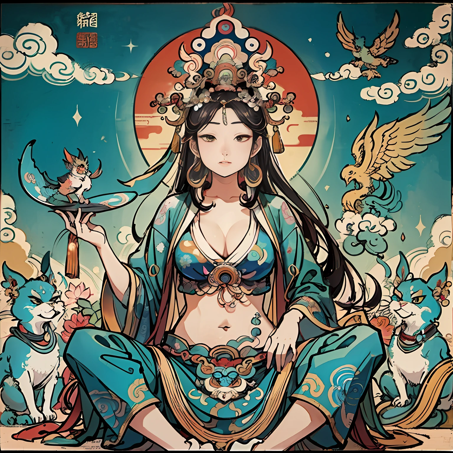 an ancient Chinese goddess, guanyin of the southern seas, Guanyin, Inspired by India, Avalokiteshvara rides a phoenix，,Serene expression,shui mo hua,Buddha,Buddhist,Lotus,Chinese painting style,Thangka style