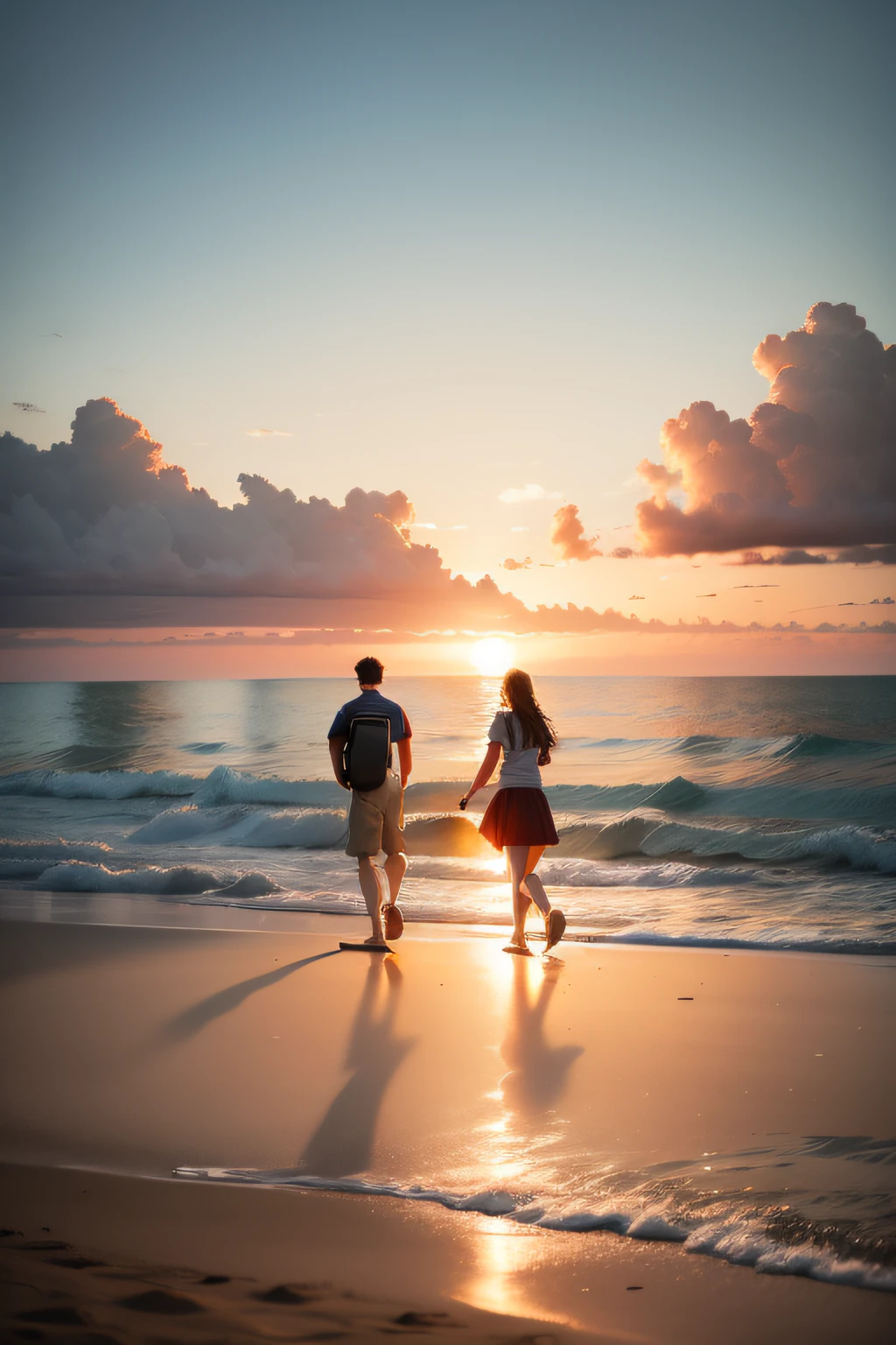 Two people walking on the beach by the sea one after the other Sunset