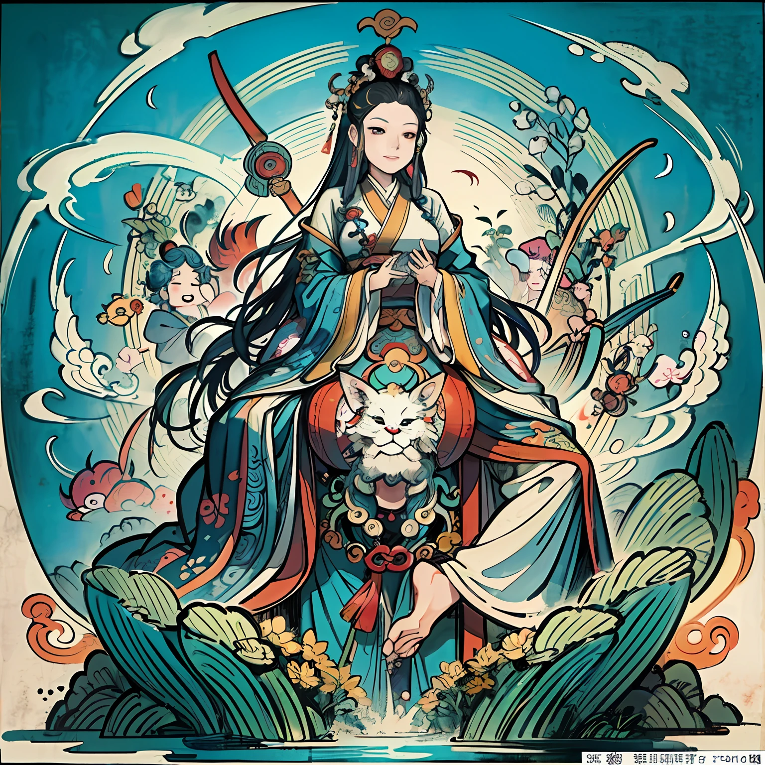 an ancient Chinese goddess, guanyin of the southern seas, Guanyin, Inspired by India, Avalokiteshvara rides a phoenix,,Serene expression,shui mo hua,Buddha,Buddhist,Lotus,Chinese painting style,Thangka style