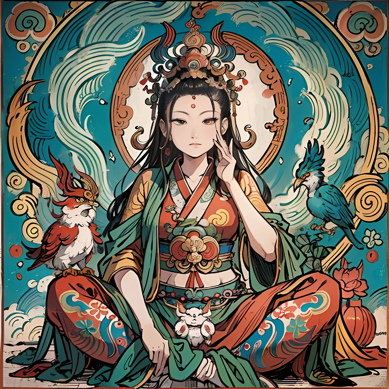 an ancient Chinese goddess, guanyin of the southern seas, Guanyin, Inspired by India, Avalokiteshvara rides a phoenix，,Serene expression,shui mo hua,Buddha,Buddhist,Lotus,Chinese painting style,Thangka style