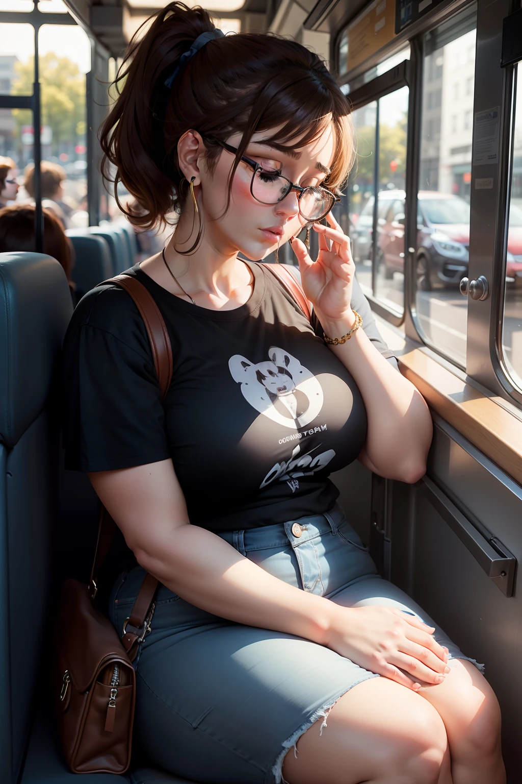 1 beautiful woman, large body, chubby, 30-year-old woman, made-up face, brown hair, glasses, short ponytail, small hoop earrings, black T-shirt, blue jeans, brown handbag, hands crossed, asleep sitting on the bus, looking out the window, eyes closed, head resting on the seat, mouth wide open.