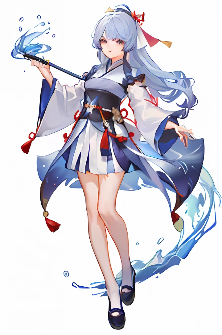 A woman in a blue dress holds a fan and a magic wand, full-body xianxia, Onmyoji detailed art, Keqing from Genshin Impact, heise jinyao, cute anime waifu in a nice dress, onmyoji, Ayaka Genshin impact, dressed with long fluent clothes, flowing magical robe, zhongli from genshin impact