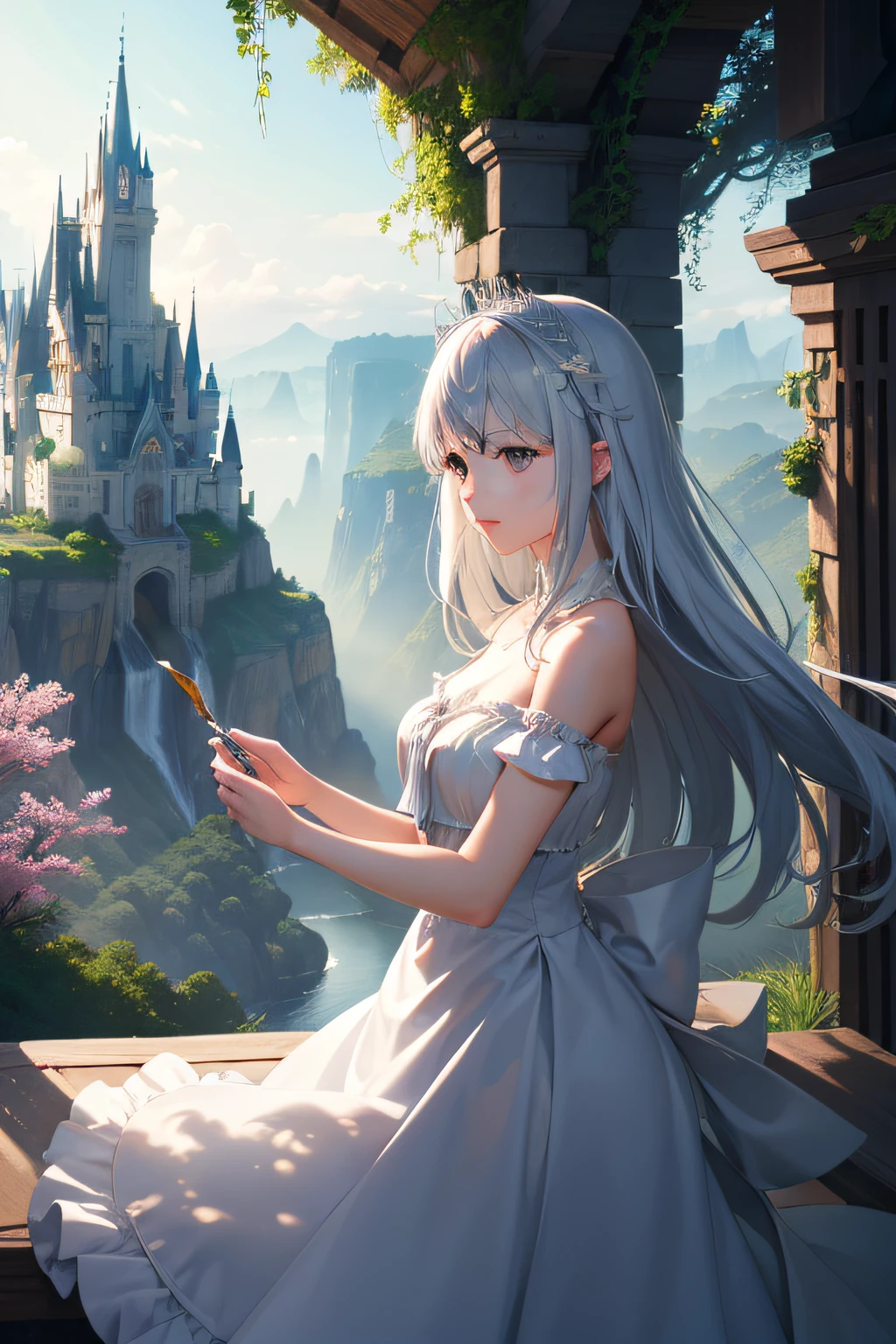 (extremely detailed CG unity 8k wallpaper),(((masterpiece))), (((best quality))), ((ultra-detailed)), (best illustration),(best shadow), ((an extremely delicate and beautiful)),dynamic angle,floating,
The detailed castle, (((the best building))),
mist encircles the mountains,fairyland,dynamic angle,classic,(detailed light),feather, nature, (sunlight), river, forest,flowers,beautiful and delicate water,(painting),(sketch),(bloom),(shine)