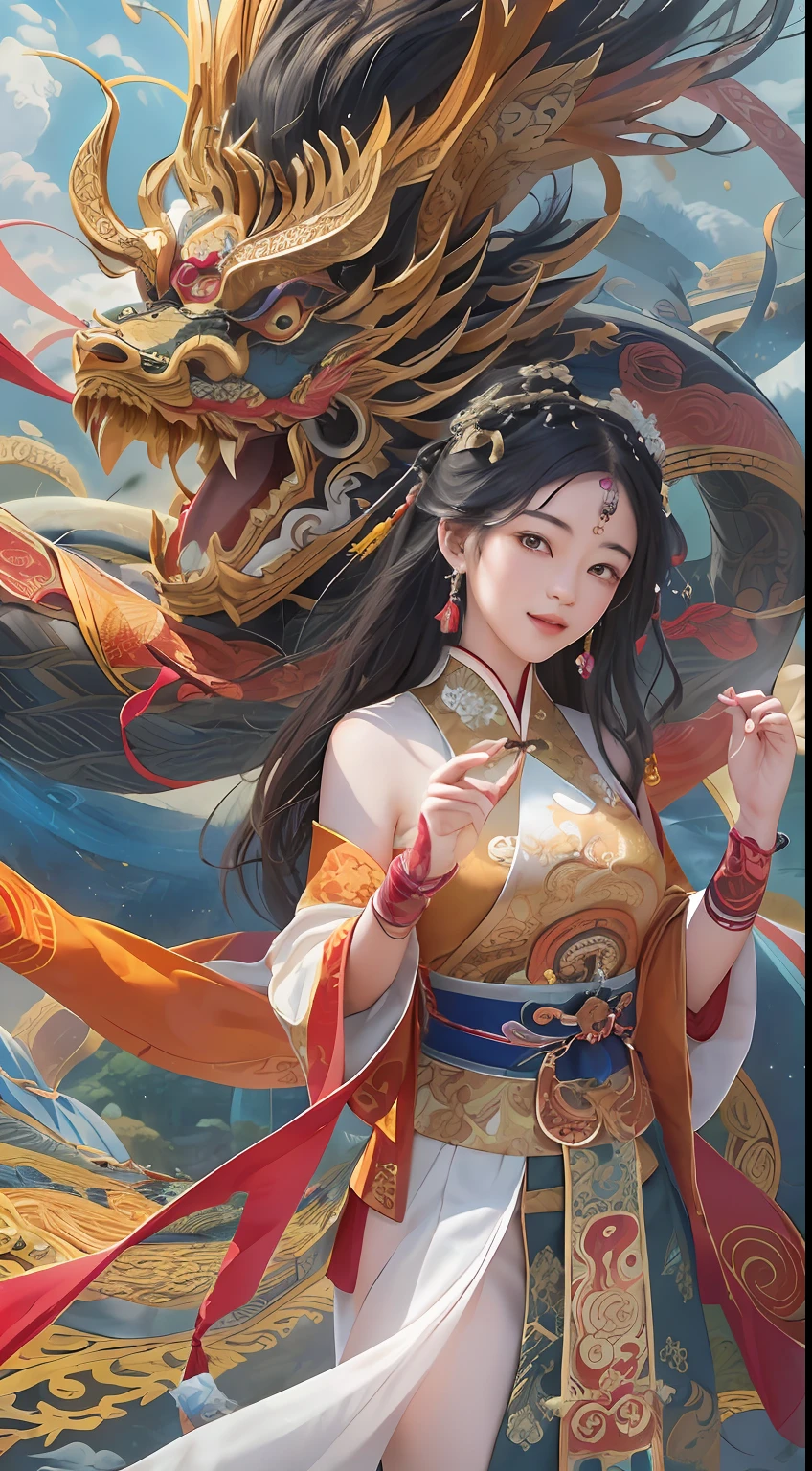 Official Art, Unified 8K Wallpapers, Ultra Detailed, Beautiful and Aesthetic, Masterpiece, Best Quality, (Zentangle, Tangle, Entangle), (fractal art: 1.4), 1girl, black hair, Chinese, bare shoulders, short skirt, calf, navel, very detailed, dynamic angle, cowboyshot, (most beautiful form chaos), flowing, (bright colors), oc, (half: 1.2), china, (thangka flying sky: 1.5), (ribbon: 1.3), (dream: 1.5), (hanfu: 1.5), Chinese dragon, Chinese phoenix, (smile: 0.5), (Chinese deity),