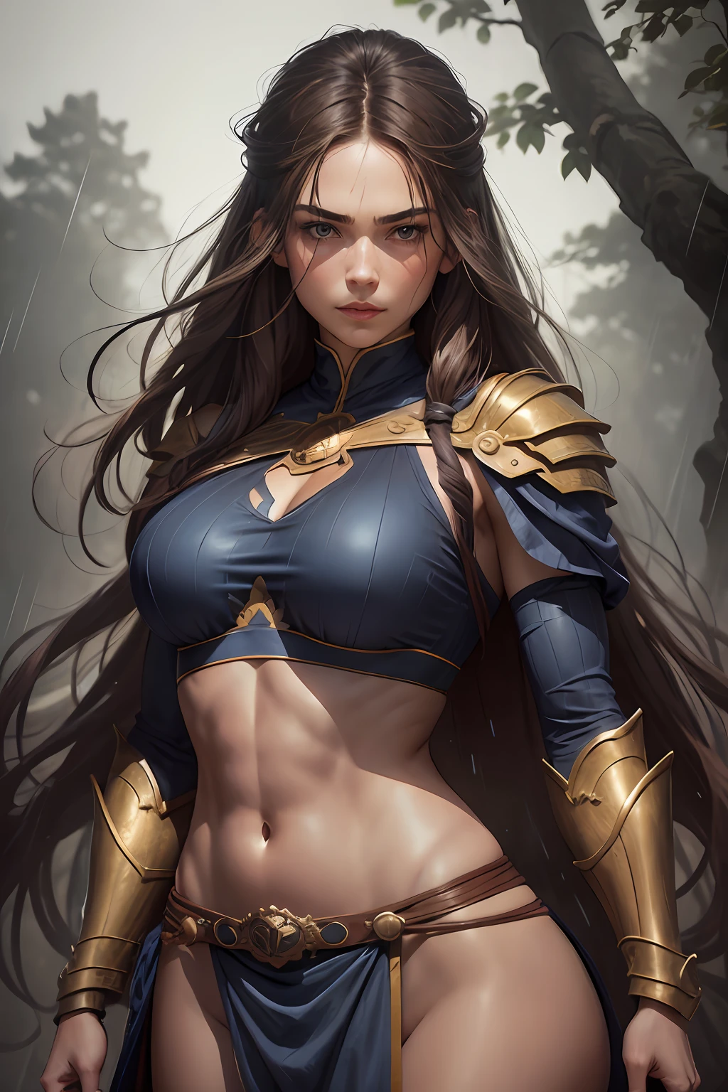 Beautiful woman, thin, thin silhouette, ribbon band on forehead, long light brown hair, rectangular face, (discreet expression of power), thick eyebrows, blue eyes, turned muscles, shirtless, arms covered by golden and dark blue armor, pants, abdomen and pectoral visible, breasts wrapped in bands of blue fabric. Messy hair, ribbons of cloth around her breasts. Bright colors, detailed background, with trees, heavy rain and fog. Realism, photorealist, masterpiece