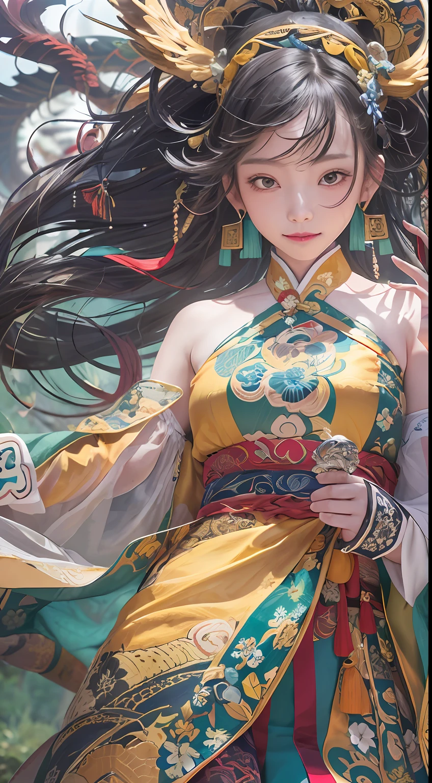 Official Art, Unified 8K Wallpapers, Ultra Detailed, Beautiful and Aesthetic, Masterpiece, Best Quality, (Zentangle, Tangle, Entangle), (fractal art: 1.4), 1girl, black hair, Chinese, bare shoulders, short skirt, calf, navel, very detailed, dynamic angle, cowboyshot, (most beautiful form chaos), flowing, (bright colors), oc, (half: 1.2), china, (thangka flying sky: 1.5), (ribbon: 1.3), (dream: 1.5), (hanfu: 1.5), Chinese dragon, Chinese phoenix, (smile: 0.5), (Chinese deity),