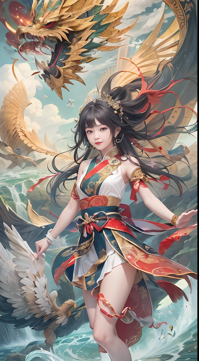 Official Art, Unified 8K Wallpapers, Ultra Detailed, Beautiful and Aesthetic, Masterpiece, Best Quality, (Zentangle, Tangle, Entangle), (fractal art: 1.4), 1girl, black hair, Chinese, bare shoulders, short skirt, calf, navel, very detailed, dynamic angle, cowboyshot, (most beautiful form chaos), flowing, (bright colors), oc, (half: 1.2), china, (thangka flying sky: 1.5), (ribbon: 1.3), (dream: 1.5), (hanfu: 1.5), Chinese dragon, Chinese phoenix, (smile: 0.5), (Chinese deity),