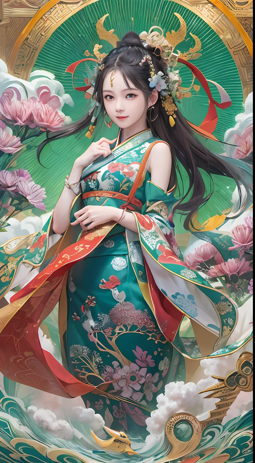 Official Art, Unified 8K Wallpapers, Ultra Detailed, Beautiful and Aesthetic, Masterpiece, Best Quality, (Zentangle, Tangle, Entangle), (fractal art: 1.4), 1girl, black hair, Chinese, bare shoulders, short skirt, calf, navel, very detailed, dynamic angle, cowboyshot, (most beautiful form chaos), flowing, (bright colors), oc, (half: 1.2), china, (thangka flying sky: 1.5), (ribbon: 1.3), (dream: 1.5), (hanfu: 1.5), Chinese dragon, Chinese phoenix, (smile: 0.5), (Chinese deity),