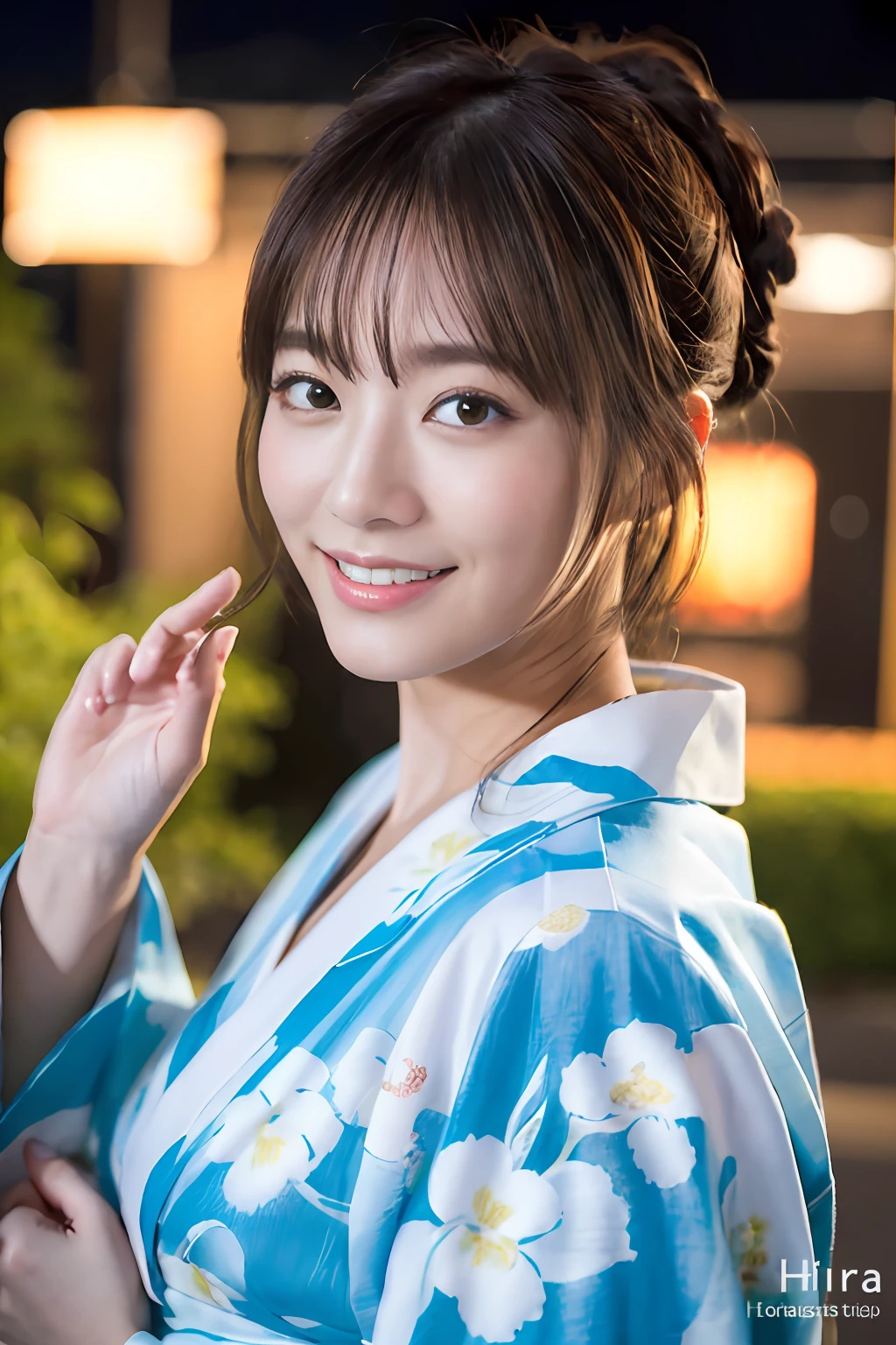 ((​masterpiece、top-quality、ultra-definition、hight resolution))、独奏、a beauty girl、radiant eyes、perfect  eyes、Japan's beautiful sister、One bun hair、hair adornments、The hand is up、Yukata with white floral pattern、The background is a night view、high-level image quality、4K.