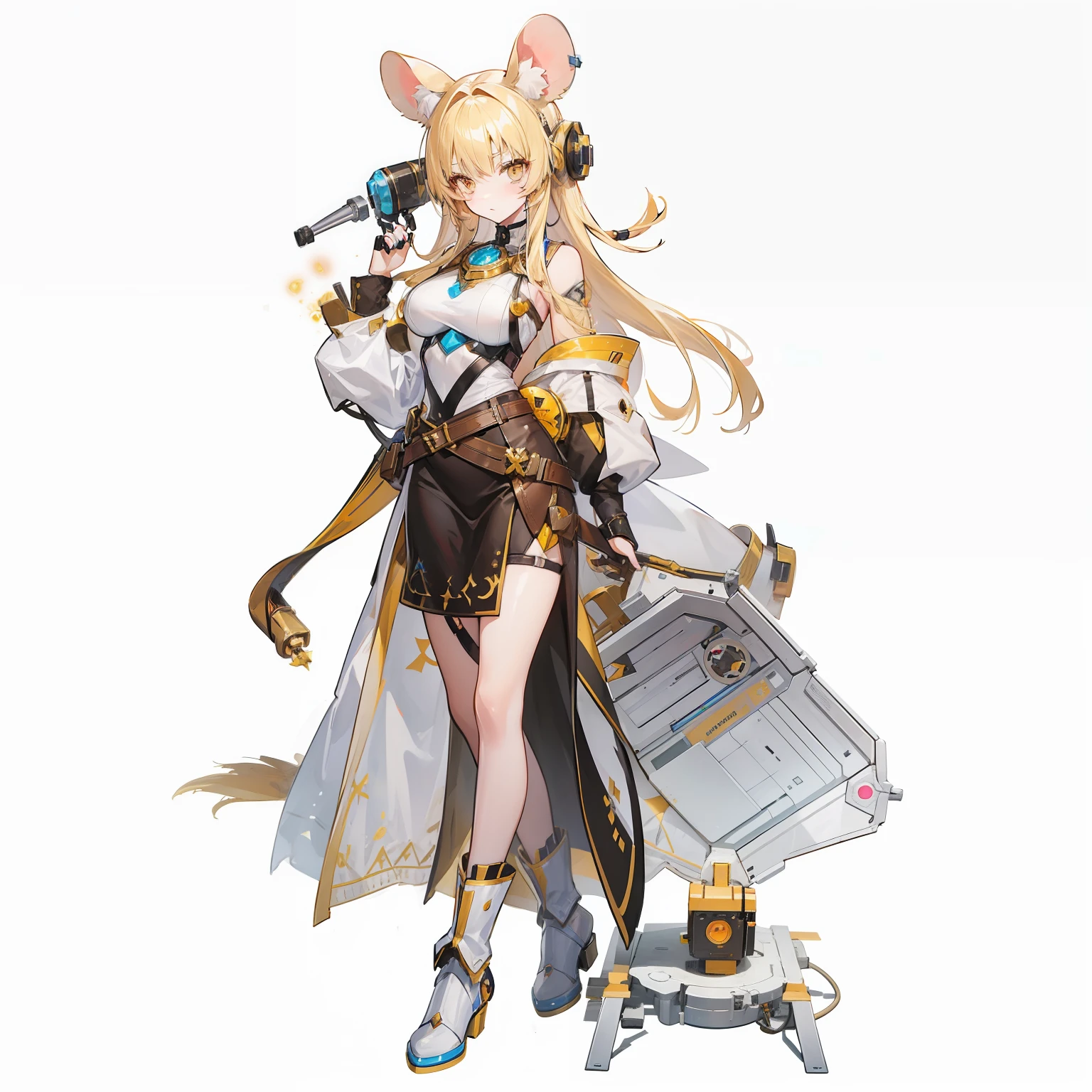animated girl with blonde hair and mouse ears from arknighrs videogame named Dorothy.golden eyes,brown tail,with science machine for experiments.