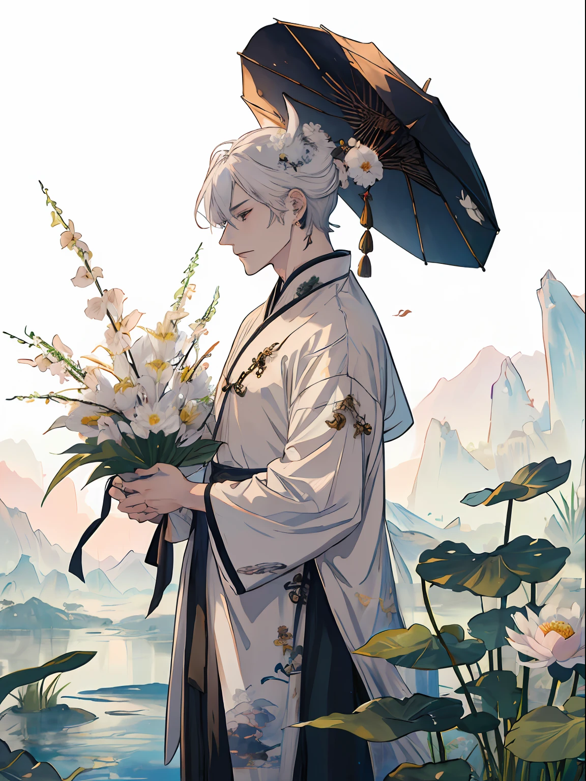 ((4K、masterpiece、top-quality))、(2 males), ink and watercolor painting、Traditional Chinese Ink Painting、lotuses、Hanfu、Maxi Kit、Dress conservatively、 white hair, Fox ears, bule, florals, Lots of flowers nearby, coyote、pup、shenron、extra detailed face