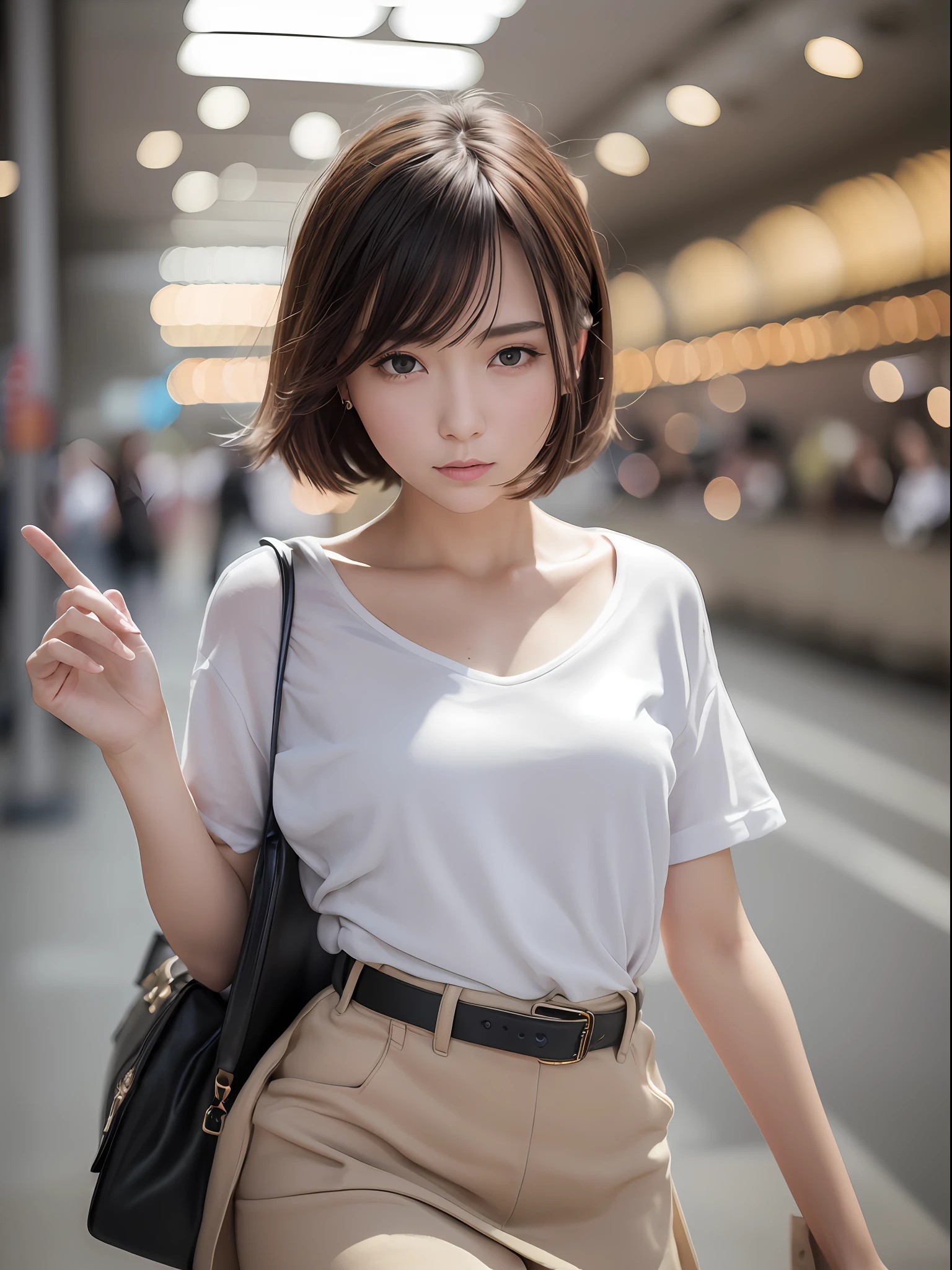 ((Best quality, 8k, Masterpiece: 1.3)), Sharp focus: 1.2, 1 aespa girl, beautiful face girl, cute face, age 24, small breasts, flat chest, short messy hair, walking, white casual shirt, skirt, terminal, station, take a baggage, sunlight, dramatic angle, kindness, cinematic lighting, (8k, masterpiece, best quality, raw photo)