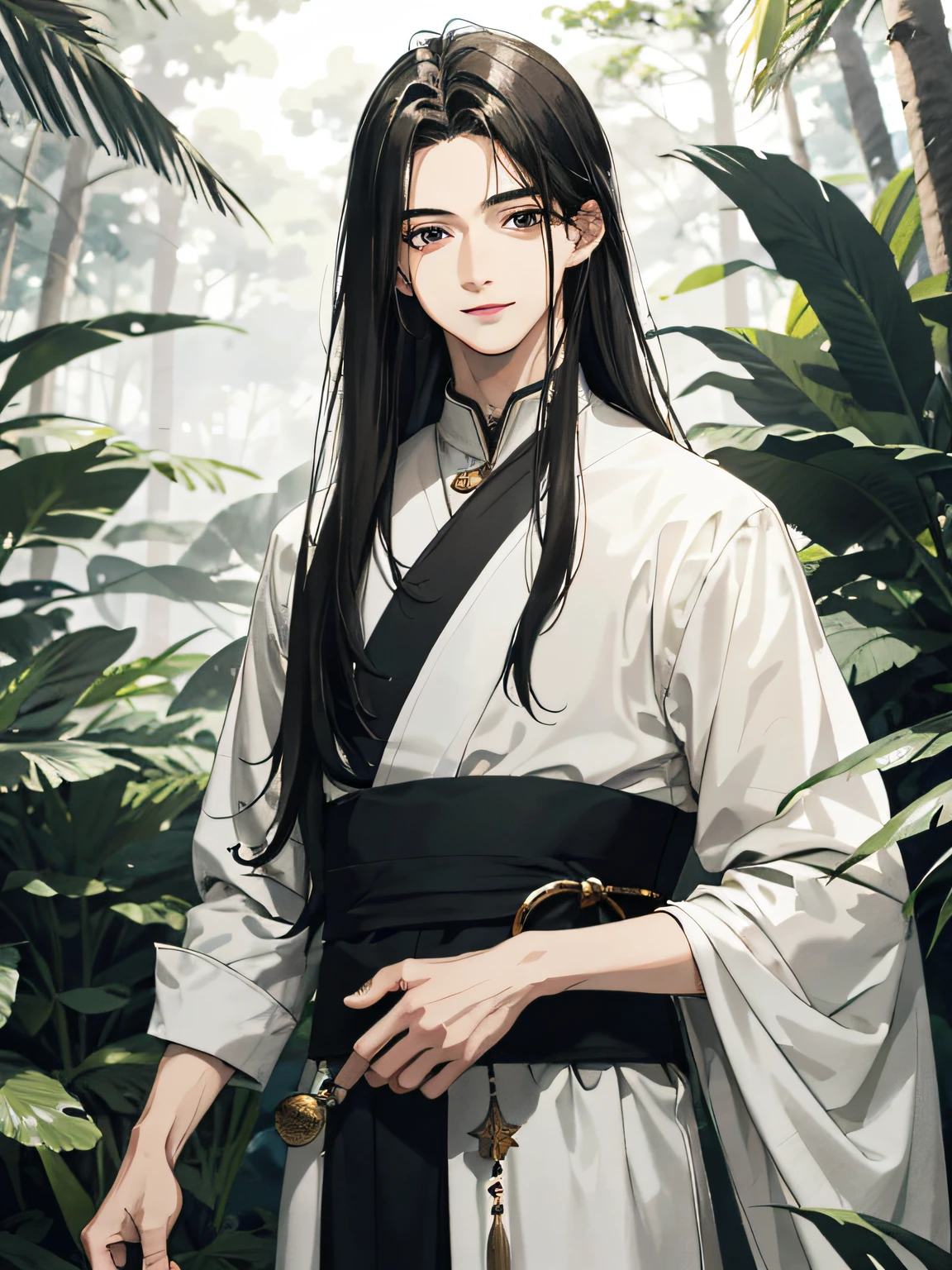 Absurd, High Definition, super detailed, texture details, clear presentation, HD details, detail performance, Fine details, Clear face, accurate restoration, ((cabelos preto e longos))、length hair、18-year-old man, Handsome, Smile、bangss、slightly muscular,(clear eyeballs), Shining eyes、Star Eye、(Expressive eyes)、(1 person: 1.3), handdraw, Simple lines, (18-year-old man in white han dress), the woods、The upper part of the body、crescent、Night