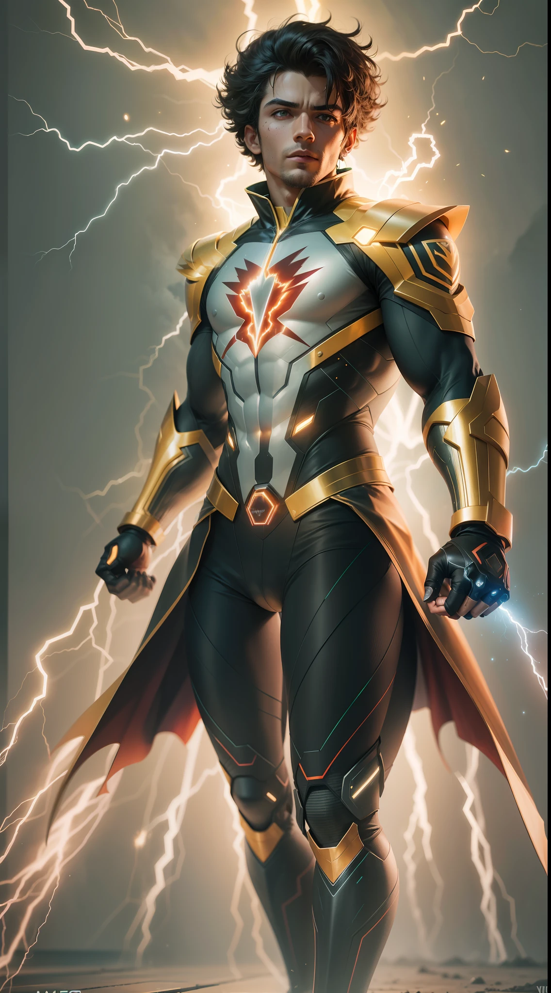(Ultra resolution 8K), (impresionante obra maestra), super hero "Voltio Esmeralda": With palpable energy, Voltio Esmeralda irradia vitalidad con su piel resplandeciente de un verde brillante. Su cabello es como hilos de electricidad en movimiento, and his eyes shine with an electric spark. Viste un traje ajustado en tonos verdes y dorados, with lines that run through your body like living circuits. Athletic and muscular body His gloves generate electrical energy fields that he can manipulate at will.. Can launch lightning strikes and controlled electric shocks, and can fly using electrical impulses. His suit is equipped with technology that allows him to store and release electrical energy., giving you a wide range of electricity-related skills. cinematic lighting, action scene, agregar efecto al final