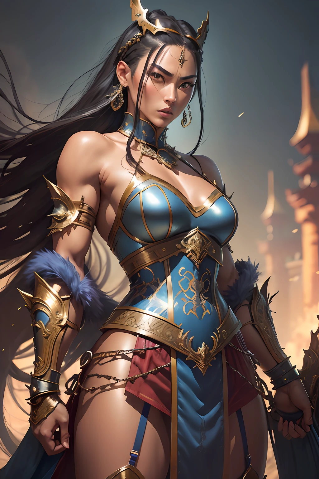 Muscular Japanese woman with dark hair with braids, (blue punk medieval armor). Bright chrome gold lingerie with sharp reflections. Gems. Bare shoulders. (Tiara). Muscle definition. Beautiful, shapely legs. Warrior princess. Detailed lighting. Artwork. Extreme beauty. Clothing with intense colored gradient effect. Professional image with high saturation. Professional camera. Illustration. Vibrant colors.